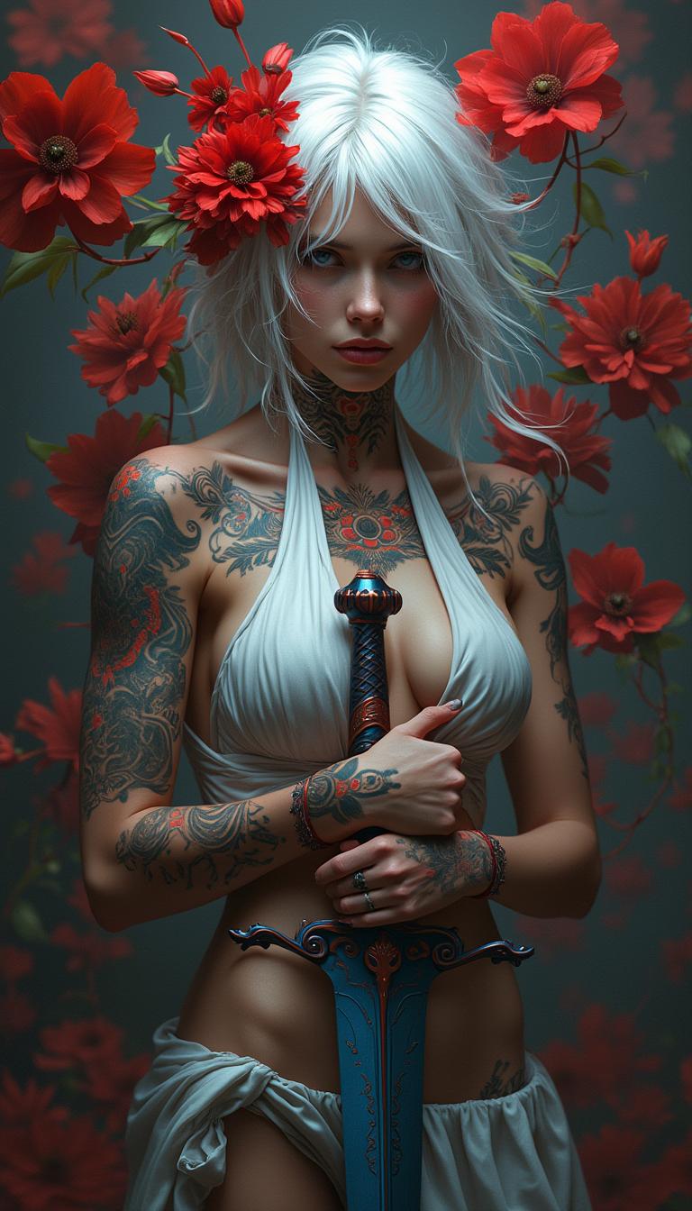 This is an image that exudes a sense of fantasy and mystique, with a strong emphasis on the interplay between the subject and the surrounding environment. The art style is reminiscent of digital painting, with a high level of detail and a cinematic quality that suggests it could be a concept art piece for a video game or a movie.The medium appears to be digital painting, as evidenced by the smooth blending of colors and the lack of texture that one might find in traditional painting mediums. The use of lighting and shadow is masterful, creating a sense of depth and dimension that brings the subject to life.The colors in the image are rich and vibrant, with a predominance of reds and oranges that stand out against the darker background. The reds are particularly striking, with a variety of shades from deep crimson to bright scarlet, creating a sense of passion and intensity. The contrast between the warm reds and the cool blues and grays of the subjects clothing and the background adds to the dramatic effect of the image.The subject of the image is a female figure with white hair, adorned with red flowers in her hair, which echo the reds in the background. Her tattoos are intricate and cover much of her body, with a mix of floral and geometric patterns. She is wearing a white garment with a high neckline, which is partially obscured by the tattoos and the red flowers. Her hands are tattooed as well, and she is holding a sword with a blue and red hilt, which stands out against the darker tones of the swords blade.The background is filled with red flowers, which seem to be floating around the subject, adding to the ethereal quality of the image. The flowers are depicted with a high level of detail, with petals that appear soft and translucent, and shadows that give them a threedimensional form.Overall, the image is a powerful and evocative piece of art that captures the viewers attention with its striking color contrasts, intricate details, and the mysterious aura that surrounds the subject.