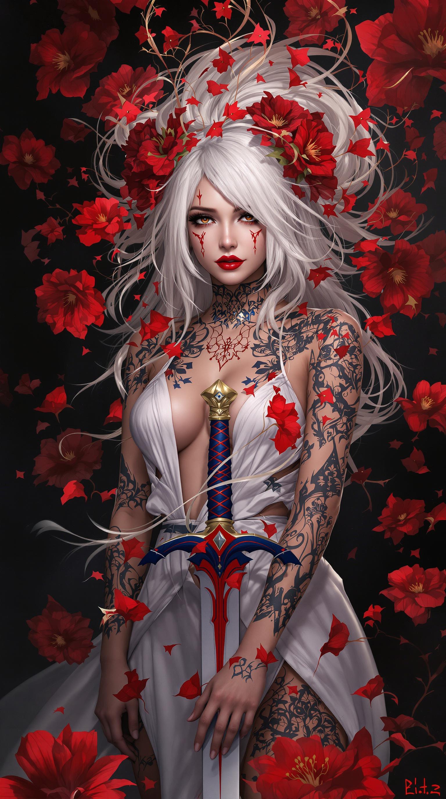This is an image that exudes a sense of fantasy and mystique, with a strong emphasis on the interplay between the subject and the surrounding environment. The art style is reminiscent of digital painting, with a high level of detail and a cinematic quality that suggests it could be a concept art piece for a video game or a movie.The medium appears to be digital painting, as evidenced by the smooth blending of colors and the lack of texture that one might find in traditional painting mediums. The use of lighting and shadow is masterful, creating a sense of depth and dimension that brings the subject to life.The colors in the image are rich and vibrant, with a predominance of reds and oranges that stand out against the darker background. The reds are particularly striking, with a variety of shades from deep crimson to bright scarlet, creating a sense of passion and intensity. The contrast between the warm reds and the cool blues and grays of the subjects clothing and the background adds to the dramatic effect of the image.The subject of the image is a female figure with white hair, adorned with red flowers in her hair, which echo the reds in the background. Her tattoos are intricate and cover much of her body, with a mix of floral and geometric patterns. She is wearing a white garment with a high neckline, which is partially obscured by the tattoos and the red flowers. Her hands are tattooed as well, and she is holding a sword with a blue and red hilt, which stands out against the darker tones of the swords blade.The background is filled with red flowers, which seem to be floating around the subject, adding to the ethereal quality of the image. The flowers are depicted with a high level of detail, with petals that appear soft and translucent, and shadows that give them a threedimensional form.Overall, the image is a powerful and evocative piece of art that captures the viewers attention with its striking color contrasts, intricate details, and the mysterious aura that surrounds the subject.