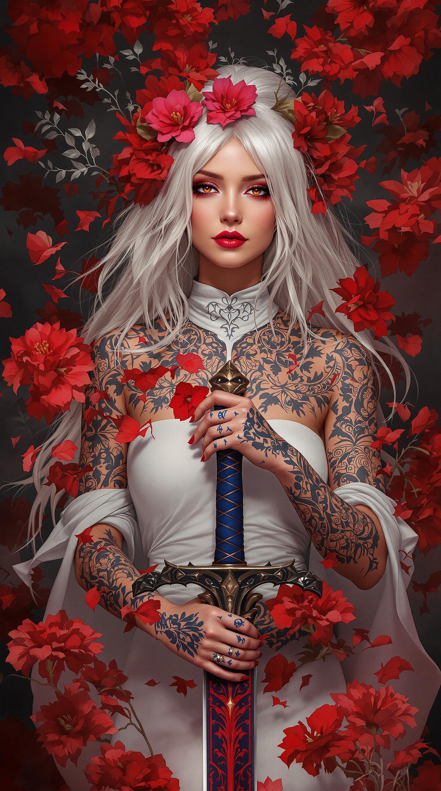 This is an image that exudes a sense of fantasy and mystique, with a strong emphasis on the interplay between the subject and the surrounding environment. The art style is reminiscent of digital painting, with a high level of detail and a cinematic quality that suggests it could be a concept art piece for a video game or a movie.The medium appears to be digital painting, as evidenced by the smooth blending of colors and the lack of texture that one might find in traditional painting mediums. The use of lighting and shadow is masterful, creating a sense of depth and dimension that brings the subject to life.The colors in the image are rich and vibrant, with a predominance of reds and oranges that stand out against the darker background. The reds are particularly striking, with a variety of shades from deep crimson to bright scarlet, creating a sense of passion and intensity. The contrast between the warm reds and the cool blues and grays of the subjects clothing and the background adds to the dramatic effect of the image.The subject of the image is a female figure with white hair, adorned with red flowers in her hair, which echo the reds in the background. Her tattoos are intricate and cover much of her body, with a mix of floral and geometric patterns. She is wearing a white garment with a high neckline, which is partially obscured by the tattoos and the red flowers. Her hands are tattooed as well, and she is holding a sword with a blue and red hilt, which stands out against the darker tones of the swords blade.The background is filled with red flowers, which seem to be floating around the subject, adding to the ethereal quality of the image. The flowers are depicted with a high level of detail, with petals that appear soft and translucent, and shadows that give them a threedimensional form.Overall, the image is a powerful and evocative piece of art that captures the viewers attention with its striking color contrasts, intricate details, and the mysterious aura that surrounds the subject.