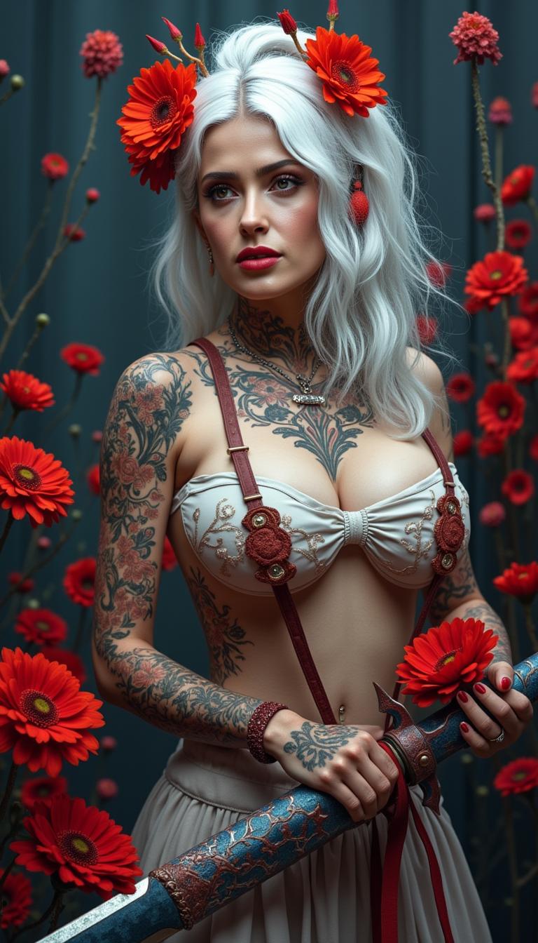 A portrait photo of a photo of SH72, in this is an image that exudes a sense of fantasy and mystique, with a strong emphasis on the interplay between the subject and the surrounding environment. The art style is reminiscent of digital painting, with a high level of detail and a cinematic quality that suggests it could be a concept art piece for a video game or a movie.The medium appears to be digital painting, as evidenced by the smooth blending of colors and the lack of texture that one might find in traditional painting mediums. The use of lighting and shadow is masterful, creating a sense of depth and dimension that brings the subject to life.The colors in the image are rich and vibrant, with a predominance of reds and oranges that stand out against the darker background. The reds are particularly striking, with a variety of shades from deep crimson to bright scarlet, creating a sense of passion and intensity. The contrast between the warm reds and the cool blues and grays of the subjects clothing and the background adds to the dramatic effect of the image.The subject of the image is a female figure with white hair, adorned with red flowers in her hair, which echo the reds in the background. Her tattoos are intricate and cover much of her body, with a mix of floral and geometric patterns. She is wearing a white garment with a high neckline, which is partially obscured by the tattoos and the red flowers. Her hands are tattooed as well, and she is holding a sword with a blue and red hilt, which stands out against the darker tones of the swords blade.The background is filled with red flowers, which seem to be floating around the subject, adding to the ethereal quality of the image. The flowers are depicted with a high level of detail, with petals that appear soft and translucent, and shadows that give them a three dimensional form.Overall, the image is a powerful and evocative piece of art that captures the viewers attention with its striking color contrasts, intricate details, and the mysterious aura that surrounds the subject.