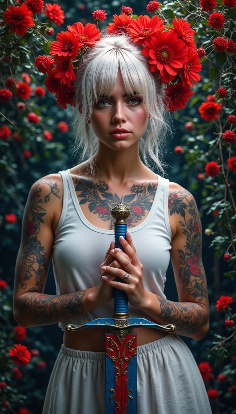 A portrait photo of a photo of ANA$ in this is an image that exudes a sense of fantasy and mystique, with a strong emphasis on the interplay between the subject and the surrounding environment. The art style is reminiscent of digital painting, with a high level of detail and a cinematic quality that suggests it could be a concept art piece for a video game or a movie.The medium appears to be digital painting, as evidenced by the smooth blending of colors and the lack of texture that one might find in traditional painting mediums. The use of lighting and shadow is masterful, creating a sense of depth and dimension that brings the subject to life.The colors in the image are rich and vibrant, with a predominance of reds and oranges that stand out against the darker background. The reds are particularly striking, with a variety of shades from deep crimson to bright scarlet, creating a sense of passion and intensity. The contrast between the warm reds and the cool blues and grays of the subjects clothing and the background adds to the dramatic effect of the image.The subject of the image is a female figure with white hair, adorned with red flowers in her hair, which echo the reds in the background. Her tattoos are intricate and cover much of her body, with a mix of floral and geometric patterns. She is wearing a white garment with a high neckline, which is partially obscured by the tattoos and the red flowers. Her hands are tattooed as well, and she is holding a sword with a blue and red hilt, which stands out against the darker tones of the swords blade.The background is filled with red flowers, which seem to be floating around the subject, adding to the ethereal quality of the image. The flowers are depicted with a high level of detail, with petals that appear soft and translucent, and shadows that give them a three dimensional form.Overall, the image is a powerful and evocative piece of art that captures the viewers attention with its striking color contrasts, intricate details, and the mysterious aura that surrounds the subject.