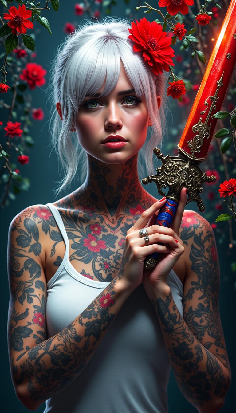 A portrait photo of a photo of ANA$ in this is an image that exudes a sense of fantasy and mystique, with a strong emphasis on the interplay between the subject and the surrounding environment. The art style is reminiscent of digital painting, with a high level of detail and a cinematic quality that suggests it could be a concept art piece for a video game or a movie.The medium appears to be digital painting, as evidenced by the smooth blending of colors and the lack of texture that one might find in traditional painting mediums. The use of lighting and shadow is masterful, creating a sense of depth and dimension that brings the subject to life.The colors in the image are rich and vibrant, with a predominance of reds and oranges that stand out against the darker background. The reds are particularly striking, with a variety of shades from deep crimson to bright scarlet, creating a sense of passion and intensity. The contrast between the warm reds and the cool blues and grays of the subjects clothing and the background adds to the dramatic effect of the image.The subject of the image is a female figure with white hair, adorned with red flowers in her hair, which echo the reds in the background. Her tattoos are intricate and cover much of her body, with a mix of floral and geometric patterns. She is wearing a white garment with a high neckline, which is partially obscured by the tattoos and the red flowers. Her hands are tattooed as well, and she is holding a sword with a blue and red hilt, which stands out against the darker tones of the swords blade.The background is filled with red flowers, which seem to be floating around the subject, adding to the ethereal quality of the image. The flowers are depicted with a high level of detail, with petals that appear soft and translucent, and shadows that give them a three dimensional form.Overall, the image is a powerful and evocative piece of art that captures the viewers attention with its striking color contrasts, intricate details, and the mysterious aura that surrounds the subject.