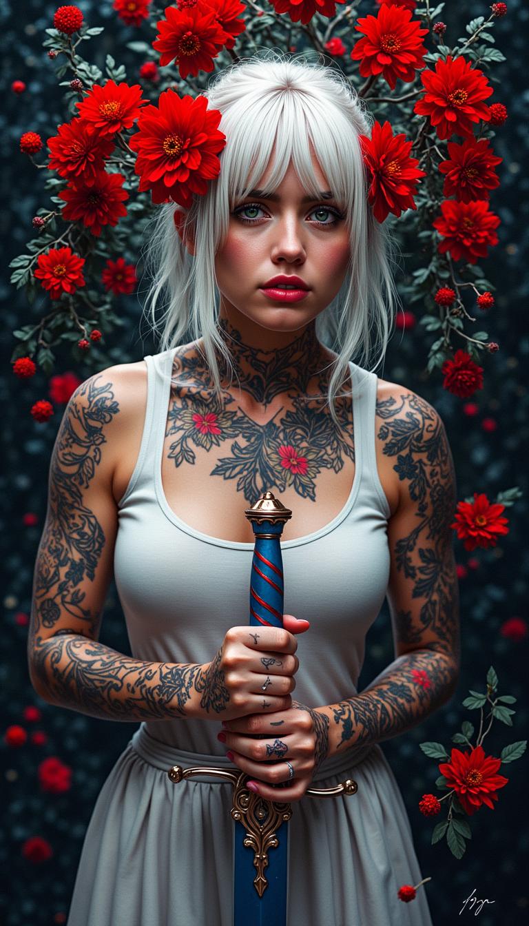 A portrait photo of a photo of ANA$ in this is an image that exudes a sense of fantasy and mystique, with a strong emphasis on the interplay between the subject and the surrounding environment. The art style is reminiscent of digital painting, with a high level of detail and a cinematic quality that suggests it could be a concept art piece for a video game or a movie.The medium appears to be digital painting, as evidenced by the smooth blending of colors and the lack of texture that one might find in traditional painting mediums. The use of lighting and shadow is masterful, creating a sense of depth and dimension that brings the subject to life.The colors in the image are rich and vibrant, with a predominance of reds and oranges that stand out against the darker background. The reds are particularly striking, with a variety of shades from deep crimson to bright scarlet, creating a sense of passion and intensity. The contrast between the warm reds and the cool blues and grays of the subjects clothing and the background adds to the dramatic effect of the image.The subject of the image is a female figure with white hair, adorned with red flowers in her hair, which echo the reds in the background. Her tattoos are intricate and cover much of her body, with a mix of floral and geometric patterns. She is wearing a white garment with a high neckline, which is partially obscured by the tattoos and the red flowers. Her hands are tattooed as well, and she is holding a sword with a blue and red hilt, which stands out against the darker tones of the swords blade.The background is filled with red flowers, which seem to be floating around the subject, adding to the ethereal quality of the image. The flowers are depicted with a high level of detail, with petals that appear soft and translucent, and shadows that give them a three dimensional form.Overall, the image is a powerful and evocative piece of art that captures the viewers attention with its striking color contrasts, intricate details, and the mysterious aura that surrounds the subject.