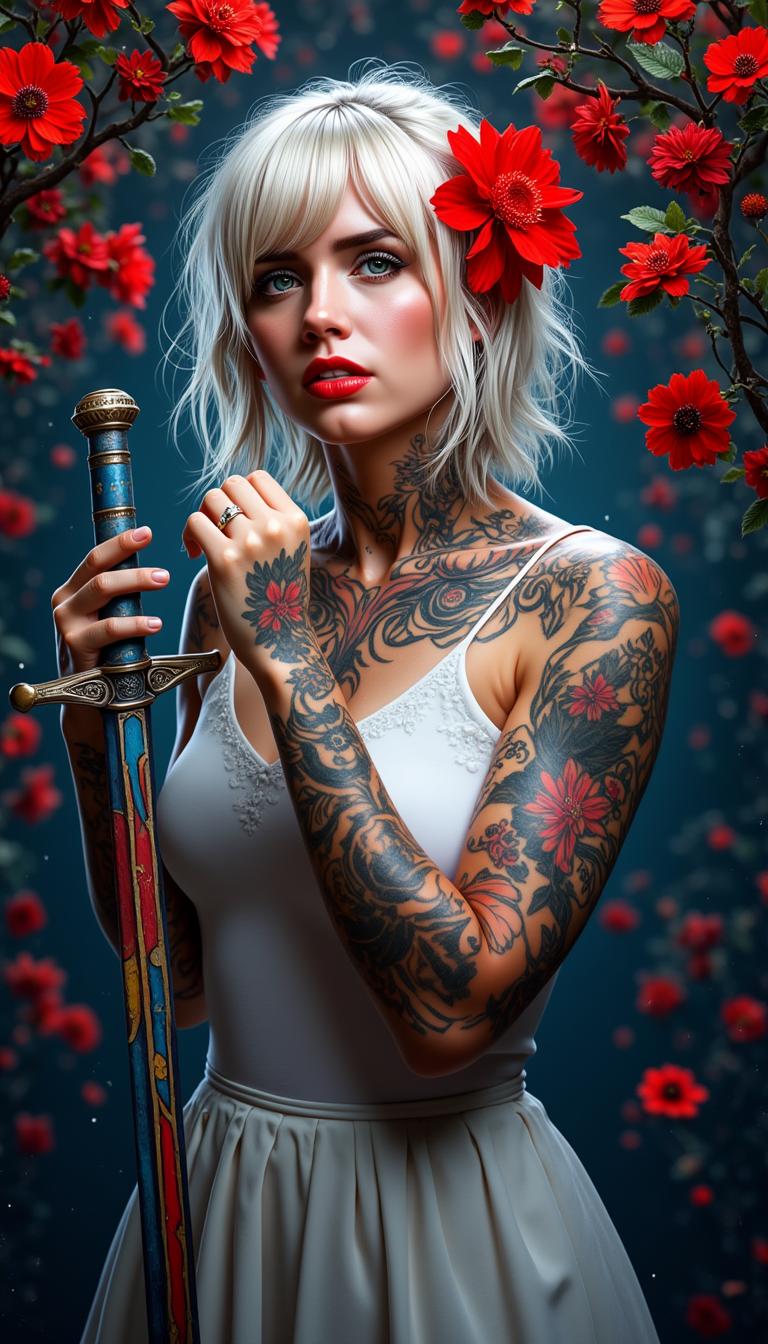 A portrait photo of a photo of Marilyn Monroe, in this is an image that exudes a sense of fantasy and mystique, with a strong emphasis on the interplay between the subject and the surrounding environment. The art style is reminiscent of digital painting, with a high level of detail and a cinematic quality that suggests it could be a concept art piece for a video game or a movie.The medium appears to be digital painting, as evidenced by the smooth blending of colors and the lack of texture that one might find in traditional painting mediums. The use of lighting and shadow is masterful, creating a sense of depth and dimension that brings the subject to life.The colors in the image are rich and vibrant, with a predominance of reds and oranges that stand out against the darker background. The reds are particularly striking, with a variety of shades from deep crimson to bright scarlet, creating a sense of passion and intensity. The contrast between the warm reds and the cool blues and grays of the subjects clothing and the background adds to the dramatic effect of the image.The subject of the image is a female figure with white hair, adorned with red flowers in her hair, which echo the reds in the background. Her tattoos are intricate and cover much of her body, with a mix of floral and geometric patterns. She is wearing a white garment with a high neckline, which is partially obscured by the tattoos and the red flowers. Her hands are tattooed as well, and she is holding a sword with a blue and red hilt, which stands out against the darker tones of the swords blade.The background is filled with red flowers, which seem to be floating around the subject, adding to the ethereal quality of the image. The flowers are depicted with a high level of detail, with petals that appear soft and translucent, and shadows that give them a three dimensional form.Overall, the image is a powerful and evocative piece of art that captures the viewers attention with its striking color contrasts, intricate details, and the mysterious aura that surrounds the subject.
