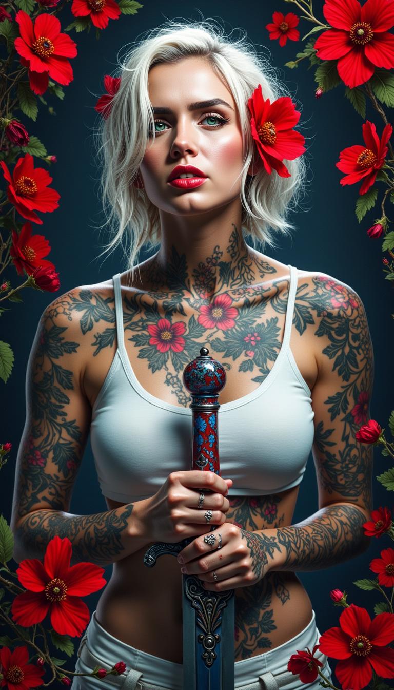 A portrait photo of a photo of Marilyn Monroe, in this is an image that exudes a sense of fantasy and mystique, with a strong emphasis on the interplay between the subject and the surrounding environment. The art style is reminiscent of digital painting, with a high level of detail and a cinematic quality that suggests it could be a concept art piece for a video game or a movie.The medium appears to be digital painting, as evidenced by the smooth blending of colors and the lack of texture that one might find in traditional painting mediums. The use of lighting and shadow is masterful, creating a sense of depth and dimension that brings the subject to life.The colors in the image are rich and vibrant, with a predominance of reds and oranges that stand out against the darker background. The reds are particularly striking, with a variety of shades from deep crimson to bright scarlet, creating a sense of passion and intensity. The contrast between the warm reds and the cool blues and grays of the subjects clothing and the background adds to the dramatic effect of the image.The subject of the image is a female figure with white hair, adorned with red flowers in her hair, which echo the reds in the background. Her tattoos are intricate and cover much of her body, with a mix of floral and geometric patterns. She is wearing a white garment with a high neckline, which is partially obscured by the tattoos and the red flowers. Her hands are tattooed as well, and she is holding a sword with a blue and red hilt, which stands out against the darker tones of the swords blade.The background is filled with red flowers, which seem to be floating around the subject, adding to the ethereal quality of the image. The flowers are depicted with a high level of detail, with petals that appear soft and translucent, and shadows that give them a three dimensional form.Overall, the image is a powerful and evocative piece of art that captures the viewers attention with its striking color contrasts, intricate details, and the mysterious aura that surrounds the subject.