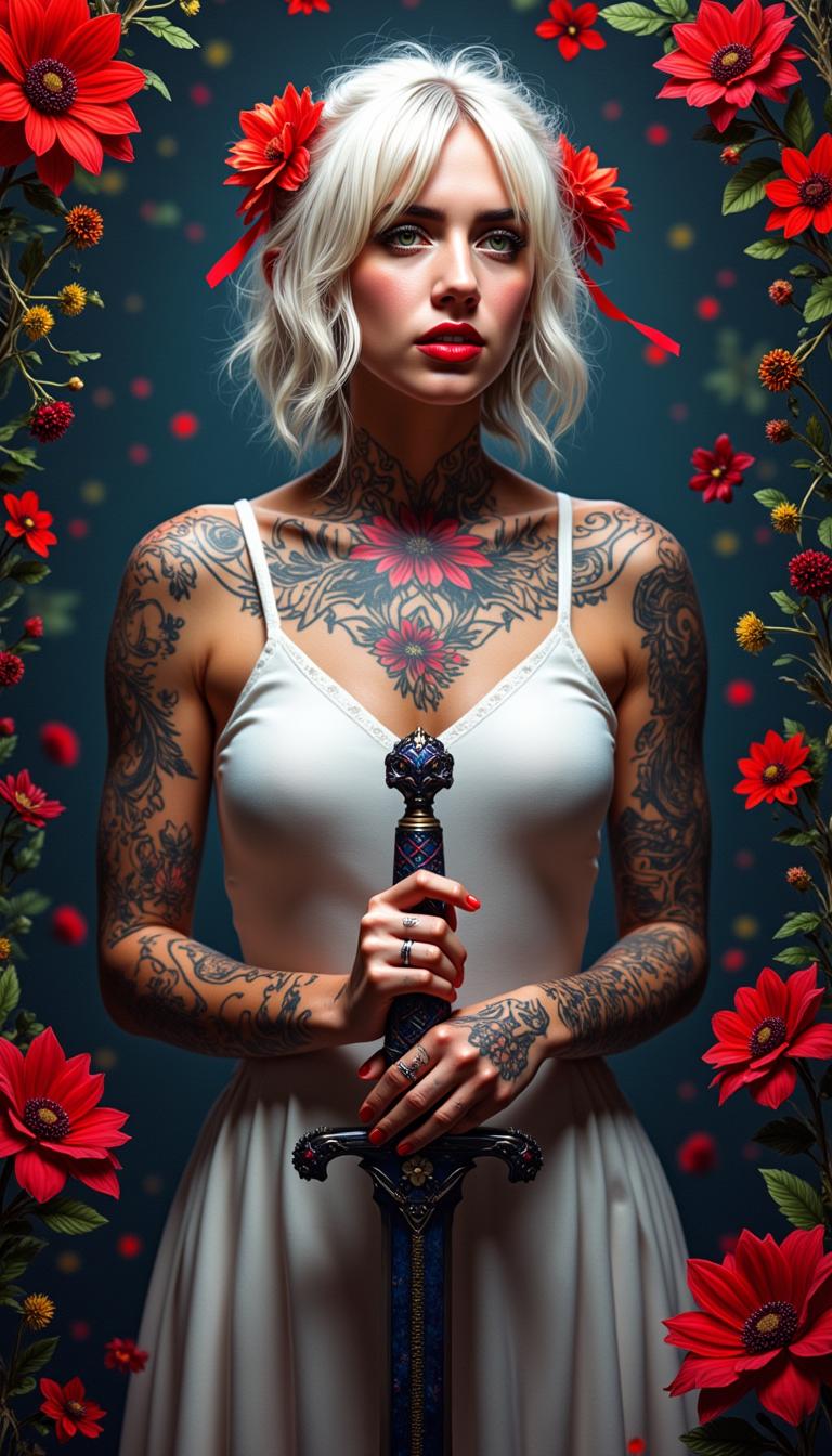 A portrait photo of a photo of Marilyn Monroe, in this is an image that exudes a sense of fantasy and mystique, with a strong emphasis on the interplay between the subject and the surrounding environment. The art style is reminiscent of digital painting, with a high level of detail and a cinematic quality that suggests it could be a concept art piece for a video game or a movie.The medium appears to be digital painting, as evidenced by the smooth blending of colors and the lack of texture that one might find in traditional painting mediums. The use of lighting and shadow is masterful, creating a sense of depth and dimension that brings the subject to life.The colors in the image are rich and vibrant, with a predominance of reds and oranges that stand out against the darker background. The reds are particularly striking, with a variety of shades from deep crimson to bright scarlet, creating a sense of passion and intensity. The contrast between the warm reds and the cool blues and grays of the subjects clothing and the background adds to the dramatic effect of the image.The subject of the image is a female figure with white hair, adorned with red flowers in her hair, which echo the reds in the background. Her tattoos are intricate and cover much of her body, with a mix of floral and geometric patterns. She is wearing a white garment with a high neckline, which is partially obscured by the tattoos and the red flowers. Her hands are tattooed as well, and she is holding a sword with a blue and red hilt, which stands out against the darker tones of the swords blade.The background is filled with red flowers, which seem to be floating around the subject, adding to the ethereal quality of the image. The flowers are depicted with a high level of detail, with petals that appear soft and translucent, and shadows that give them a three dimensional form.Overall, the image is a powerful and evocative piece of art that captures the viewers attention with its striking color contrasts, intricate details, and the mysterious aura that surrounds the subject.