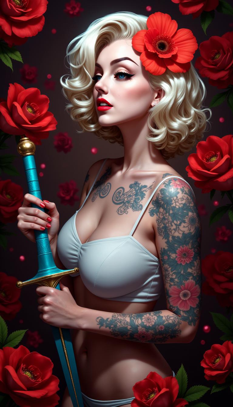 A portrait photo of a photo of Marilyn Monroe,this is an image that exudes a sense of fantasy and mystique, with a strong emphasis on the interplay between the subject and the surrounding environment. The art style is reminiscent of digital painting, with a high level of detail and a cinematic quality that suggests it could be a concept art piece for a video game or a movie.The medium appears to be digital painting, as evidenced by the smooth blending of colors and the lack of texture that one might find in traditional painting mediums. The use of lighting and shadow is masterful, creating a sense of depth and dimension that brings the subject to life.The colors in the image are rich and vibrant, with a predominance of reds and oranges that stand out against the darker background. The reds are particularly striking, with a variety of shades from deep crimson to bright scarlet, creating a sense of passion and intensity. The contrast between the warm reds and the cool blues and grays of the subjects clothing and the background adds to the dramatic effect of the image.The subject of the image is a female figure with white hair, adorned with red flowers in her hair, which echo the reds in the background. Her tattoos are intricate and cover much of her body, with a mix of floral and geometric patterns. She is wearing a white garment with a high neckline, which is partially obscured by the tattoos and the red flowers. Her hands are tattooed as well, and she is holding a sword with a blue and red hilt, which stands out against the darker tones of the swords blade.The background is filled with red flowers, which seem to be floating around the subject, adding to the ethereal quality of the image. The flowers are depicted with a high level of detail, with petals that appear soft and translucent, and shadows that give them a threedimensional form.Overall, the image is a powerful and evocative piece of art that captures the viewers attention with its striking color contrasts, intricate details, and the mysterious aura that surrounds the subject.