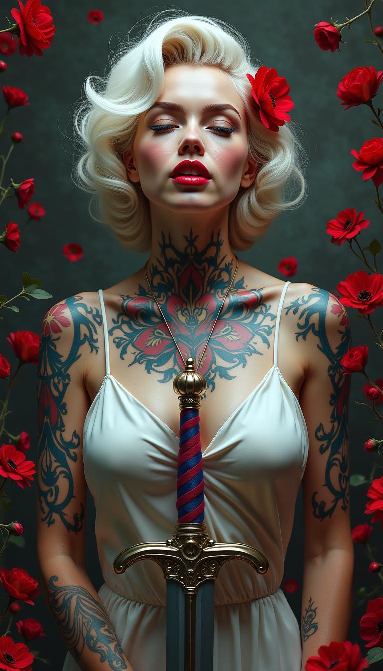 A portrait photo of a photo of Marilyn Monroe,this is an image that exudes a sense of fantasy and mystique, with a strong emphasis on the interplay between the subject and the surrounding environment. The art style is reminiscent of digital painting, with a high level of detail and a cinematic quality that suggests it could be a concept art piece for a video game or a movie.The medium appears to be digital painting, as evidenced by the smooth blending of colors and the lack of texture that one might find in traditional painting mediums. The use of lighting and shadow is masterful, creating a sense of depth and dimension that brings the subject to life.The colors in the image are rich and vibrant, with a predominance of reds and oranges that stand out against the darker background. The reds are particularly striking, with a variety of shades from deep crimson to bright scarlet, creating a sense of passion and intensity. The contrast between the warm reds and the cool blues and grays of the subjects clothing and the background adds to the dramatic effect of the image.The subject of the image is a female figure with white hair, adorned with red flowers in her hair, which echo the reds in the background. Her tattoos are intricate and cover much of her body, with a mix of floral and geometric patterns. She is wearing a white garment with a high neckline, which is partially obscured by the tattoos and the red flowers. Her hands are tattooed as well, and she is holding a sword with a blue and red hilt, which stands out against the darker tones of the swords blade.The background is filled with red flowers, which seem to be floating around the subject, adding to the ethereal quality of the image. The flowers are depicted with a high level of detail, with petals that appear soft and translucent, and shadows that give them a threedimensional form.Overall, the image is a powerful and evocative piece of art that captures the viewers attention with its striking color contrasts, intricate details, and the mysterious aura that surrounds the subject.