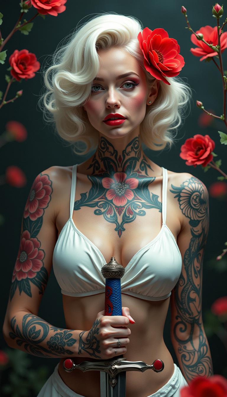 A portrait photo of a photo of Marilyn Monroe,this is an image that exudes a sense of fantasy and mystique, with a strong emphasis on the interplay between the subject and the surrounding environment. The art style is reminiscent of digital painting, with a high level of detail and a cinematic quality that suggests it could be a concept art piece for a video game or a movie.The medium appears to be digital painting, as evidenced by the smooth blending of colors and the lack of texture that one might find in traditional painting mediums. The use of lighting and shadow is masterful, creating a sense of depth and dimension that brings the subject to life.The colors in the image are rich and vibrant, with a predominance of reds and oranges that stand out against the darker background. The reds are particularly striking, with a variety of shades from deep crimson to bright scarlet, creating a sense of passion and intensity. The contrast between the warm reds and the cool blues and grays of the subjects clothing and the background adds to the dramatic effect of the image.The subject of the image is a female figure with white hair, adorned with red flowers in her hair, which echo the reds in the background. Her tattoos are intricate and cover much of her body, with a mix of floral and geometric patterns. She is wearing a white garment with a high neckline, which is partially obscured by the tattoos and the red flowers. Her hands are tattooed as well, and she is holding a sword with a blue and red hilt, which stands out against the darker tones of the swords blade.The background is filled with red flowers, which seem to be floating around the subject, adding to the ethereal quality of the image. The flowers are depicted with a high level of detail, with petals that appear soft and translucent, and shadows that give them a threedimensional form.Overall, the image is a powerful and evocative piece of art that captures the viewers attention with its striking color contrasts, intricate details, and the mysterious aura that surrounds the subject.