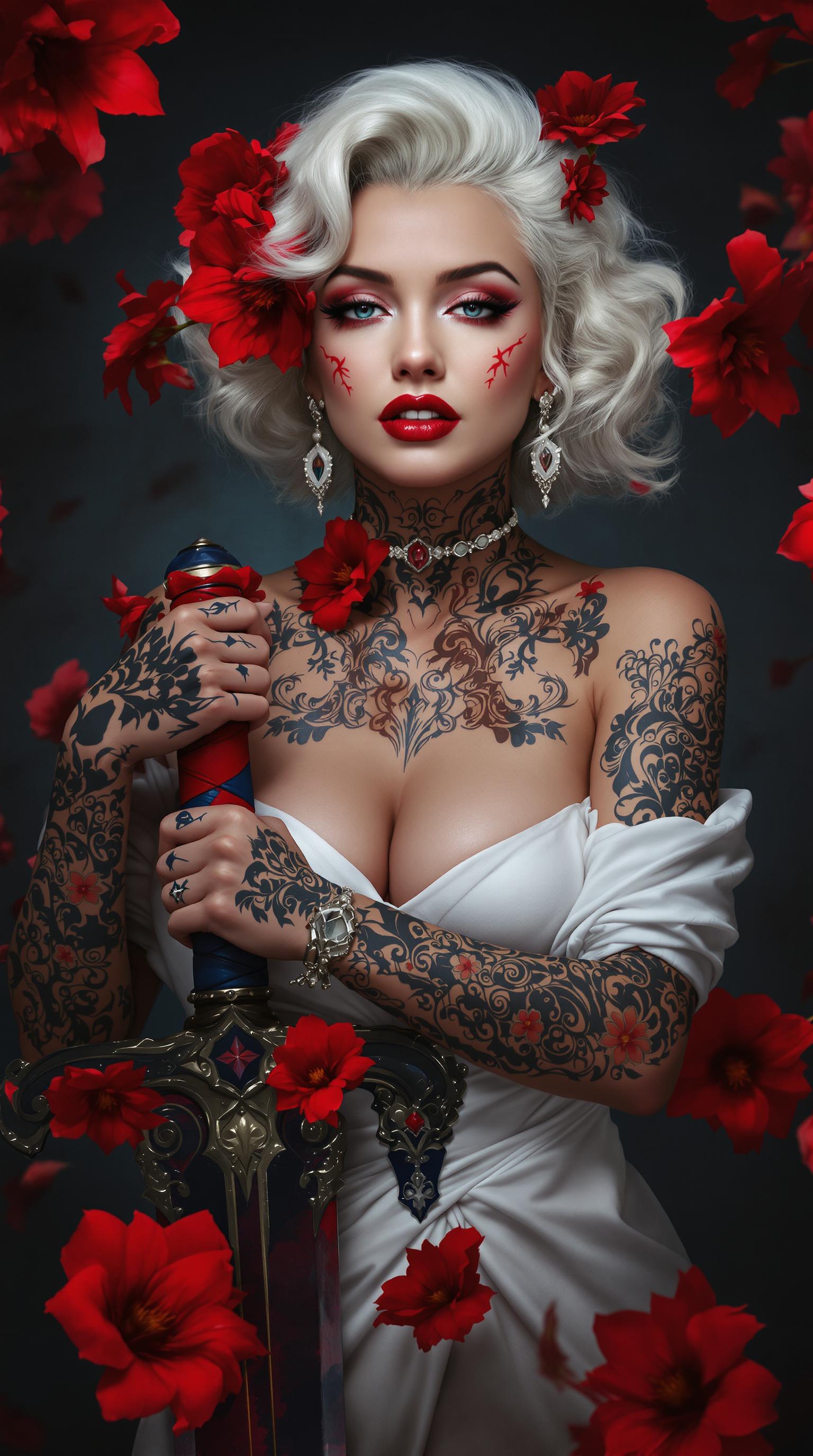 A portrait photo of a photo of Marilyn Monroe,this is an image that exudes a sense of fantasy and mystique, with a strong emphasis on the interplay between the subject and the surrounding environment. The art style is reminiscent of digital painting, with a high level of detail and a cinematic quality that suggests it could be a concept art piece for a video game or a movie.The medium appears to be digital painting, as evidenced by the smooth blending of colors and the lack of texture that one might find in traditional painting mediums. The use of lighting and shadow is masterful, creating a sense of depth and dimension that brings the subject to life.The colors in the image are rich and vibrant, with a predominance of reds and oranges that stand out against the darker background. The reds are particularly striking, with a variety of shades from deep crimson to bright scarlet, creating a sense of passion and intensity. The contrast between the warm reds and the cool blues and grays of the subjects clothing and the background adds to the dramatic effect of the image.The subject of the image is a female figure with white hair, adorned with red flowers in her hair, which echo the reds in the background. Her tattoos are intricate and cover much of her body, with a mix of floral and geometric patterns. She is wearing a white garment with a high neckline, which is partially obscured by the tattoos and the red flowers. Her hands are tattooed as well, and she is holding a sword with a blue and red hilt, which stands out against the darker tones of the swords blade.The background is filled with red flowers, which seem to be floating around the subject, adding to the ethereal quality of the image. The flowers are depicted with a high level of detail, with petals that appear soft and translucent, and shadows that give them a threedimensional form.Overall, the image is a powerful and evocative piece of art that captures the viewers attention with its striking color contrasts, intricate details, and the mysterious aura that surrounds the subject.