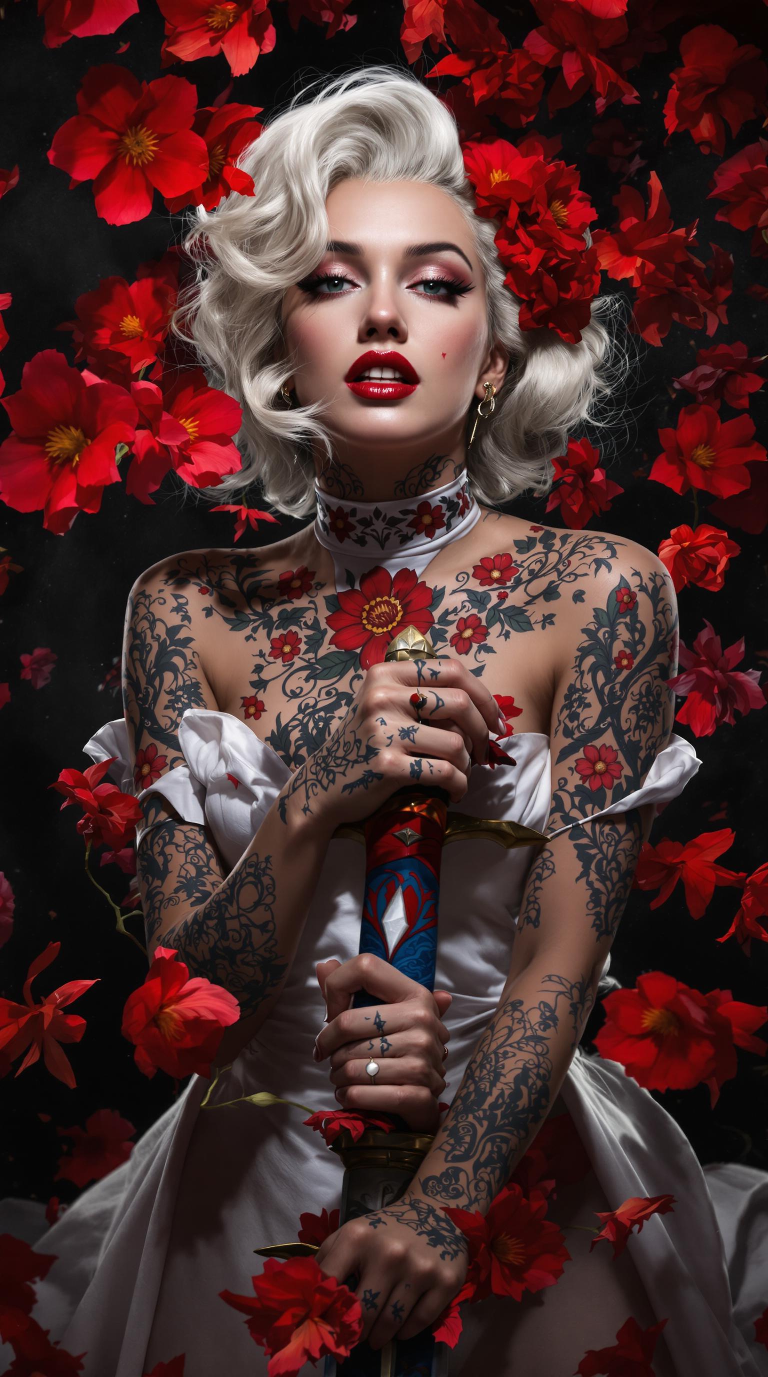 A portrait photo of a photo of Marilyn Monroe,this is an image that exudes a sense of fantasy and mystique, with a strong emphasis on the interplay between the subject and the surrounding environment. The art style is reminiscent of digital painting, with a high level of detail and a cinematic quality that suggests it could be a concept art piece for a video game or a movie.The medium appears to be digital painting, as evidenced by the smooth blending of colors and the lack of texture that one might find in traditional painting mediums. The use of lighting and shadow is masterful, creating a sense of depth and dimension that brings the subject to life.The colors in the image are rich and vibrant, with a predominance of reds and oranges that stand out against the darker background. The reds are particularly striking, with a variety of shades from deep crimson to bright scarlet, creating a sense of passion and intensity. The contrast between the warm reds and the cool blues and grays of the subjects clothing and the background adds to the dramatic effect of the image.The subject of the image is a female figure with white hair, adorned with red flowers in her hair, which echo the reds in the background. Her tattoos are intricate and cover much of her body, with a mix of floral and geometric patterns. She is wearing a white garment with a high neckline, which is partially obscured by the tattoos and the red flowers. Her hands are tattooed as well, and she is holding a sword with a blue and red hilt, which stands out against the darker tones of the swords blade.The background is filled with red flowers, which seem to be floating around the subject, adding to the ethereal quality of the image. The flowers are depicted with a high level of detail, with petals that appear soft and translucent, and shadows that give them a threedimensional form.Overall, the image is a powerful and evocative piece of art that captures the viewers attention with its striking color contrasts, intricate details, and the mysterious aura that surrounds the subject.