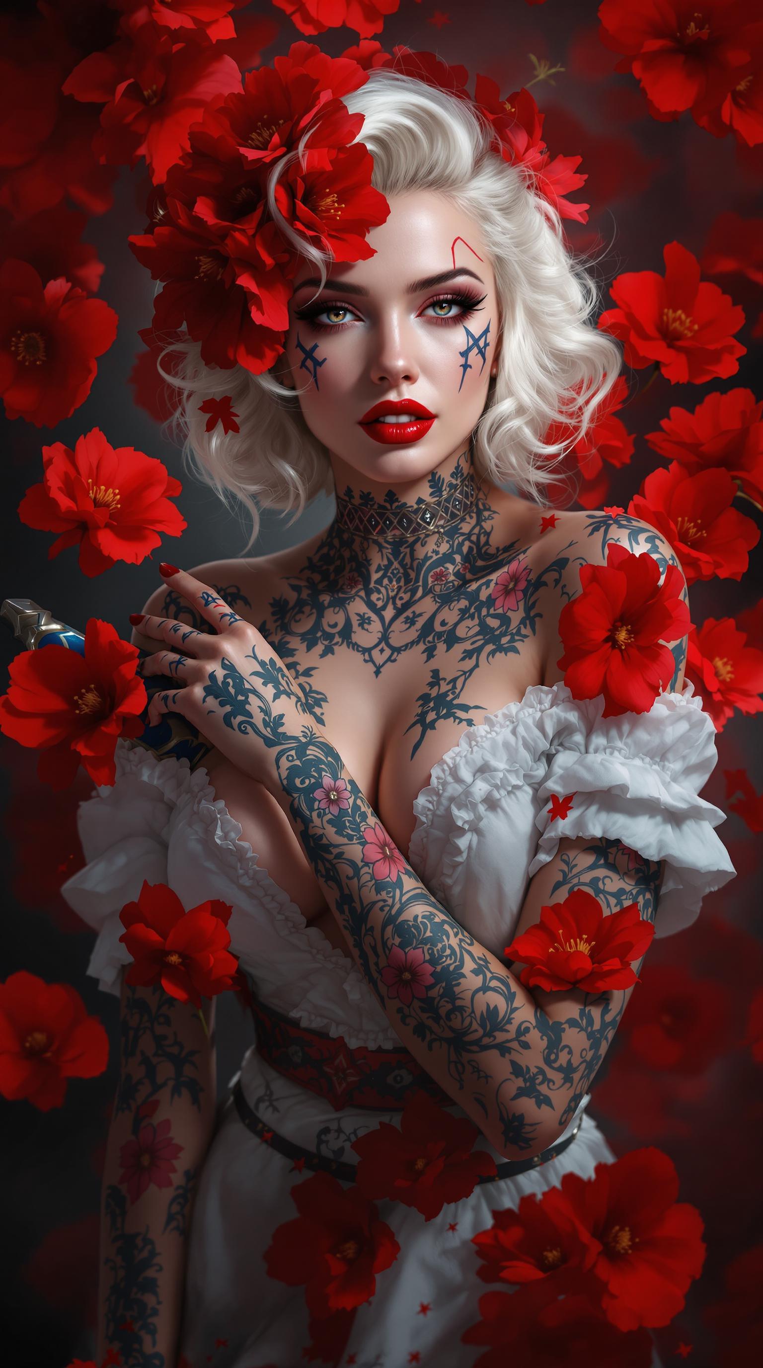 A portrait photo of a photo of Marilyn Monroe,this is an image that exudes a sense of fantasy and mystique, with a strong emphasis on the interplay between the subject and the surrounding environment. The art style is reminiscent of digital painting, with a high level of detail and a cinematic quality that suggests it could be a concept art piece for a video game or a movie.The medium appears to be digital painting, as evidenced by the smooth blending of colors and the lack of texture that one might find in traditional painting mediums. The use of lighting and shadow is masterful, creating a sense of depth and dimension that brings the subject to life.The colors in the image are rich and vibrant, with a predominance of reds and oranges that stand out against the darker background. The reds are particularly striking, with a variety of shades from deep crimson to bright scarlet, creating a sense of passion and intensity. The contrast between the warm reds and the cool blues and grays of the subjects clothing and the background adds to the dramatic effect of the image.The subject of the image is a female figure with white hair, adorned with red flowers in her hair, which echo the reds in the background. Her tattoos are intricate and cover much of her body, with a mix of floral and geometric patterns. She is wearing a white garment with a high neckline, which is partially obscured by the tattoos and the red flowers. Her hands are tattooed as well, and she is holding a sword with a blue and red hilt, which stands out against the darker tones of the swords blade.The background is filled with red flowers, which seem to be floating around the subject, adding to the ethereal quality of the image. The flowers are depicted with a high level of detail, with petals that appear soft and translucent, and shadows that give them a threedimensional form.Overall, the image is a powerful and evocative piece of art that captures the viewers attention with its striking color contrasts, intricate details, and the mysterious aura that surrounds the subject.