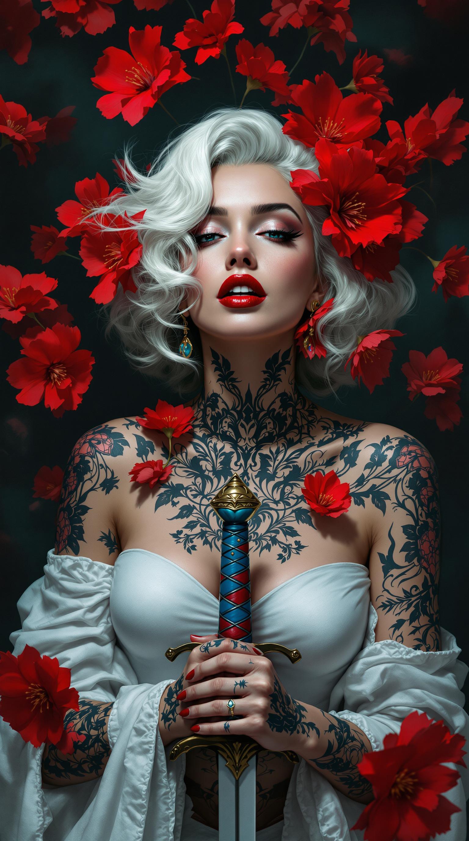 A portrait photo of a photo of Marilyn Monroe,this is an image that exudes a sense of fantasy and mystique, with a strong emphasis on the interplay between the subject and the surrounding environment. The art style is reminiscent of digital painting, with a high level of detail and a cinematic quality that suggests it could be a concept art piece for a video game or a movie.The medium appears to be digital painting, as evidenced by the smooth blending of colors and the lack of texture that one might find in traditional painting mediums. The use of lighting and shadow is masterful, creating a sense of depth and dimension that brings the subject to life.The colors in the image are rich and vibrant, with a predominance of reds and oranges that stand out against the darker background. The reds are particularly striking, with a variety of shades from deep crimson to bright scarlet, creating a sense of passion and intensity. The contrast between the warm reds and the cool blues and grays of the subjects clothing and the background adds to the dramatic effect of the image.The subject of the image is a female figure with white hair, adorned with red flowers in her hair, which echo the reds in the background. Her tattoos are intricate and cover much of her body, with a mix of floral and geometric patterns. She is wearing a white garment with a high neckline, which is partially obscured by the tattoos and the red flowers. Her hands are tattooed as well, and she is holding a sword with a blue and red hilt, which stands out against the darker tones of the swords blade.The background is filled with red flowers, which seem to be floating around the subject, adding to the ethereal quality of the image. The flowers are depicted with a high level of detail, with petals that appear soft and translucent, and shadows that give them a threedimensional form.Overall, the image is a powerful and evocative piece of art that captures the viewers attention with its striking color contrasts, intricate details, and the mysterious aura that surrounds the subject.