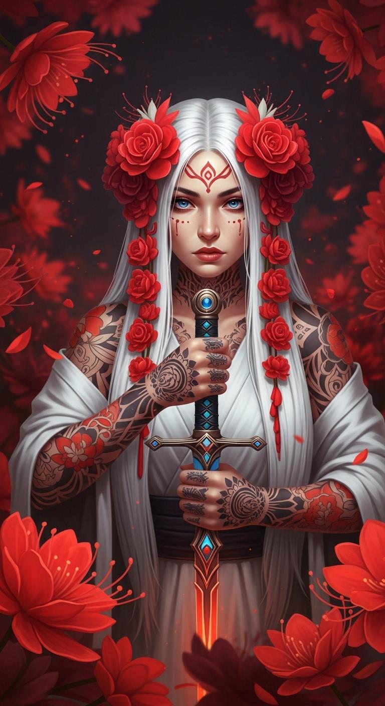 This is an image that exudes a sense of fantasy and mystique, with a strong emphasis on the interplay between the subject and the surrounding environment. The art style is reminiscent of digital painting, with a high level of detail and a cinematic quality that suggests it could be a concept art piece for a video game or a movie.The medium appears to be digital painting, as evidenced by the smooth blending of colors and the lack of texture that one might find in traditional painting mediums. The use of lighting and shadow is masterful, creating a sense of depth and dimension that brings the subject to life.The colors in the image are rich and vibrant, with a predominance of reds and oranges that stand out against the darker background. The reds are particularly striking, with a variety of shades from deep crimson to bright scarlet, creating a sense of passion and intensity. The contrast between the warm reds and the cool blues and grays of the subjects clothing and the background adds to the dramatic effect of the image.The subject of the image is a female figure with white hair, adorned with red flowers in her hair, which echo the reds in the background. Her tattoos are intricate and cover much of her body, with a mix of floral and geometric patterns. She is wearing a white garment with a high neckline, which is partially obscured by the tattoos and the red flowers. Her hands are tattooed as well, and she is holding a sword with a blue and red hilt, which stands out against the darker tones of the swords blade.The background is filled with red flowers, which seem to be floating around the subject, adding to the ethereal quality of the image. The flowers are depicted with a high level of detail, with petals that appear soft and translucent, and shadows that give them a three dimensional form.Overall, the image is a powerful and evocative piece of art that captures the viewers attention with its striking color contrasts, intricate details, and the mysterious aura that surrounds the subject.