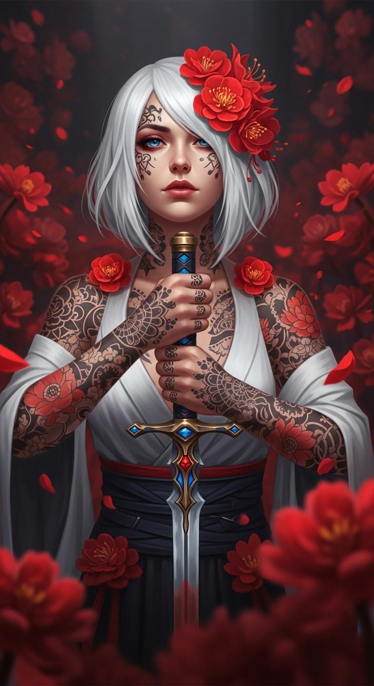 This is an image that exudes a sense of fantasy and mystique, with a strong emphasis on the interplay between the subject and the surrounding environment. The art style is reminiscent of digital painting, with a high level of detail and a cinematic quality that suggests it could be a concept art piece for a video game or a movie.The medium appears to be digital painting, as evidenced by the smooth blending of colors and the lack of texture that one might find in traditional painting mediums. The use of lighting and shadow is masterful, creating a sense of depth and dimension that brings the subject to life.The colors in the image are rich and vibrant, with a predominance of reds and oranges that stand out against the darker background. The reds are particularly striking, with a variety of shades from deep crimson to bright scarlet, creating a sense of passion and intensity. The contrast between the warm reds and the cool blues and grays of the subjects clothing and the background adds to the dramatic effect of the image.The subject of the image is a female figure with white hair, adorned with red flowers in her hair, which echo the reds in the background. Her tattoos are intricate and cover much of her body, with a mix of floral and geometric patterns. She is wearing a white garment with a high neckline, which is partially obscured by the tattoos and the red flowers. Her hands are tattooed as well, and she is holding a sword with a blue and red hilt, which stands out against the darker tones of the swords blade.The background is filled with red flowers, which seem to be floating around the subject, adding to the ethereal quality of the image. The flowers are depicted with a high level of detail, with petals that appear soft and translucent, and shadows that give them a three dimensional form.Overall, the image is a powerful and evocative piece of art that captures the viewers attention with its striking color contrasts, intricate details, and the mysterious aura that surrounds the subject.