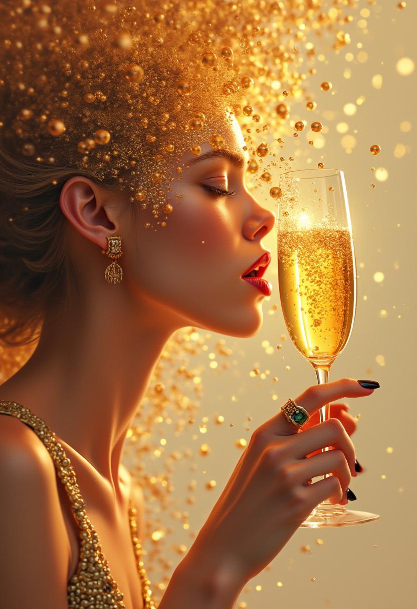 This image is a digitally created artwork that exudes luxury and opulence. The art style is a blend of surrealism and digital illustration, with a focus on meticulous detail and a high level of realism. The medium appears to be a digital painting, utilizing advanced software to create the textures and gradients.The colors in the image are rich and vibrant, with a predominance of gold, amber, and various shades of pink. These colors are complemented by the skin tones of the subject, which are warm and inviting. The background is a neutral beige, which serves to highlight the subject and the sparkling elements in the composition.The objects in the image are the subjects hand, holding a champagne flute, and the bubbles that are the primary focus of the artwork. The champagne flute is clear and appears to be made of glass, with the golden bubbles floating around it. The bubbles are rendered with a high level of detail, each one reflecting light differently, giving them a lifelike quality.The subjects hand is adorned with a ring on the index finger and has manicured nails painted in a dark color, which adds to the overall elegance of the image. The subjects hair is also a cascade of bubbles, which further emphasizes the theme of celebration and luxury.Overall, the image is a celebration of opulence, with a focus on luxury and celebration, achieved through the use of rich colors, meticulous detail, and the inclusion of champagne and bubbles as central elements.