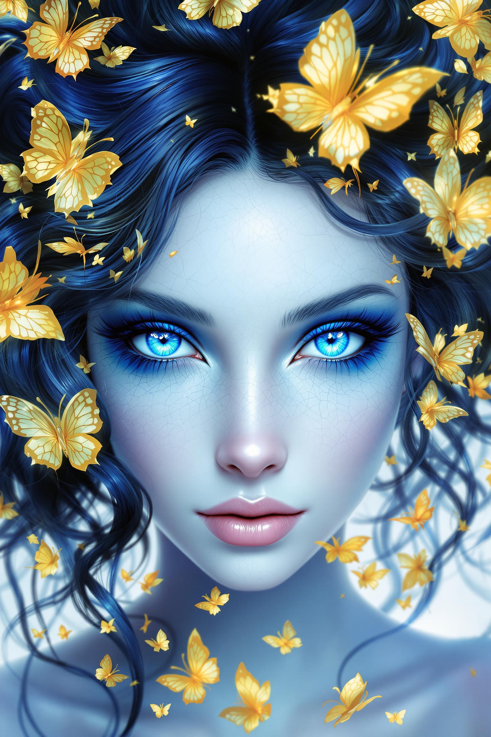 This image is a closeup, highresolution digital artwork that features a figure with a striking and detailed appearance. The art style is fantastical, with a focus on surrealism and digital painting techniques that create a threedimensional effect. The medium appears to be a digital painting, likely created using software such as Photoshop or a similar program.The figure in the image has piercing blue eyes that are the centerpiece of the composition. The eyes are detailed with a gradient of blues, giving them a depth and intensity that draws the viewer in. The irises are a vivid blue, and the sclera is a lighter blue, with a hint of white, which gives the eyes a realistic quality.The figures skin is a pale, almost translucent blue, with a crackled texture that resembles a shattered glass or a frosted surface. This texture is consistent across the entire face, and it gives the skin a sense of fragility and otherworldliness.The figures hair is a dark, almost black blue, with a glossy sheen that reflects light and gives it a realistic dimension. The hair is styled in loose waves and curls, with some strands gently framing the face and neck. The hair is adorned with golden butterflies and leaves, which add a touch of fantasy and whimsy to the overall aesthetic.The golden butterflies are intricately detailed, with wings that shimmer and catch the light. They are scattered throughout the hair, some resting on the strands and others in midflight, as if caught in a moment of transformation or flight. The butterflies are a bright gold, with a gradient effect that gives them a sense of depth and dimension.The leaves are also detailed and realistic, with veins and textures that suggest they are made of a translucent material. They are scattered throughout the hair, some overlapping and others standing alone, contributing to the overall sense of movement and life in the hair.The background of the image is a soft, neutral color palette, with a gradient of blues and grays that fades into white at the edges. This background serves to highlight the figure and the intricate details of the hair and butterflies, drawing the viewers focus to the central elements of the composition.Overall, the image is a stunning example of digital painting techniques, with a focus on surrealism and fantasy. The use of color, texture, and composition creates a visually compelling and immersive experience for the viewer.