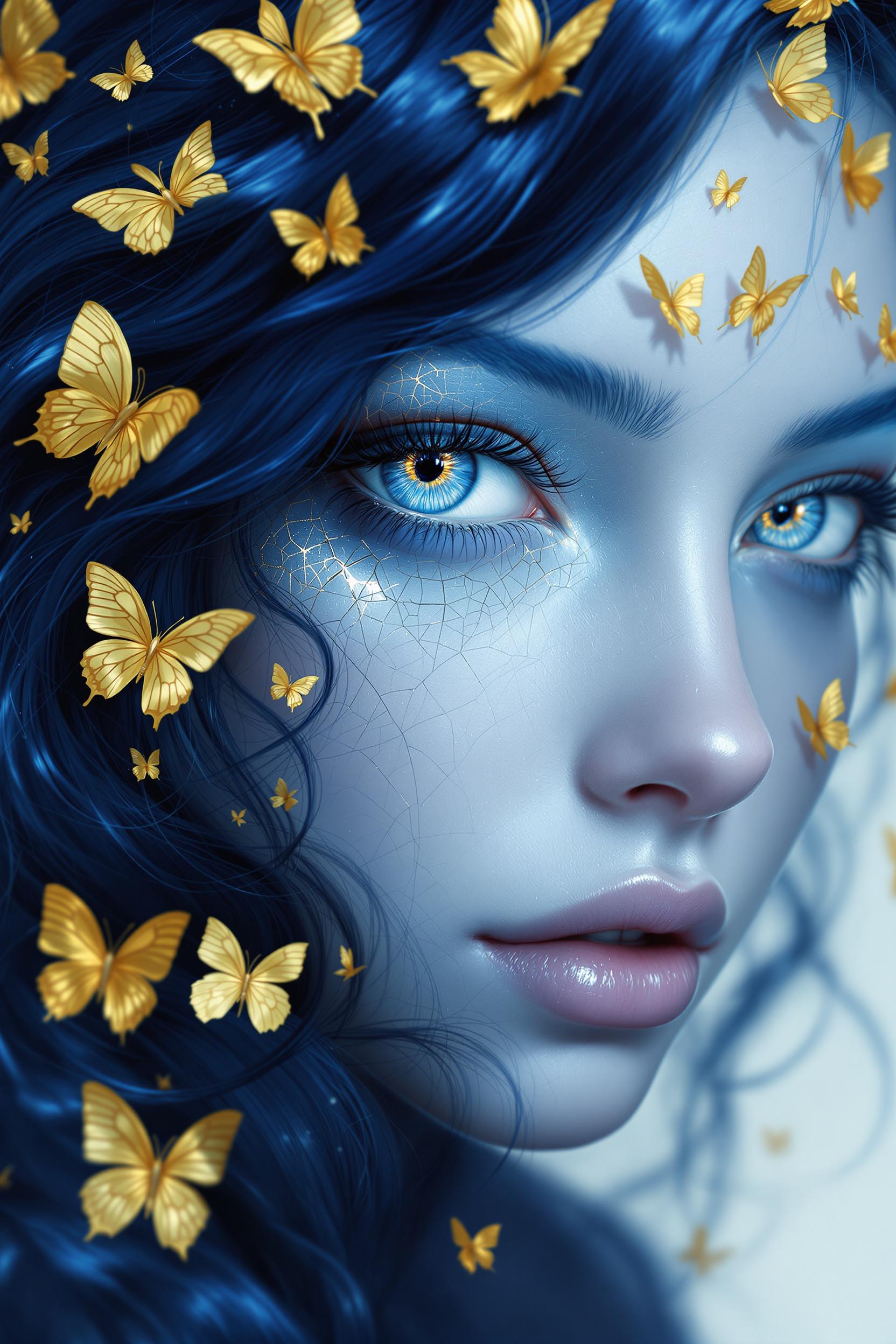 This image is a closeup, highresolution digital artwork that features a figure with a striking and detailed appearance. The art style is fantastical, with a focus on surrealism and digital painting techniques that create a threedimensional effect. The medium appears to be a digital painting, likely created using software such as Photoshop or a similar program.The figure in the image has piercing blue eyes that are the centerpiece of the composition. The eyes are detailed with a gradient of blues, giving them a depth and intensity that draws the viewer in. The irises are a vivid blue, and the sclera is a lighter blue, with a hint of white, which gives the eyes a realistic quality.The figures skin is a pale, almost translucent blue, with a crackled texture that resembles a shattered glass or a frosted surface. This texture is consistent across the entire face, and it gives the skin a sense of fragility and otherworldliness.The figures hair is a dark, almost black blue, with a glossy sheen that reflects light and gives it a realistic dimension. The hair is styled in loose waves and curls, with some strands gently framing the face and neck. The hair is adorned with golden butterflies and leaves, which add a touch of fantasy and whimsy to the overall aesthetic.The golden butterflies are intricately detailed, with wings that shimmer and catch the light. They are scattered throughout the hair, some resting on the strands and others in midflight, as if caught in a moment of transformation or flight. The butterflies are a bright gold, with a gradient effect that gives them a sense of depth and dimension.The leaves are also detailed and realistic, with veins and textures that suggest they are made of a translucent material. They are scattered throughout the hair, some overlapping and others standing alone, contributing to the overall sense of movement and life in the hair.The background of the image is a soft, neutral color palette, with a gradient of blues and grays that fades into white at the edges. This background serves to highlight the figure and the intricate details of the hair and butterflies, drawing the viewers focus to the central elements of the composition.Overall, the image is a stunning example of digital painting techniques, with a focus on surrealism and fantasy. The use of color, texture, and composition creates a visually compelling and immersive experience for the viewer.