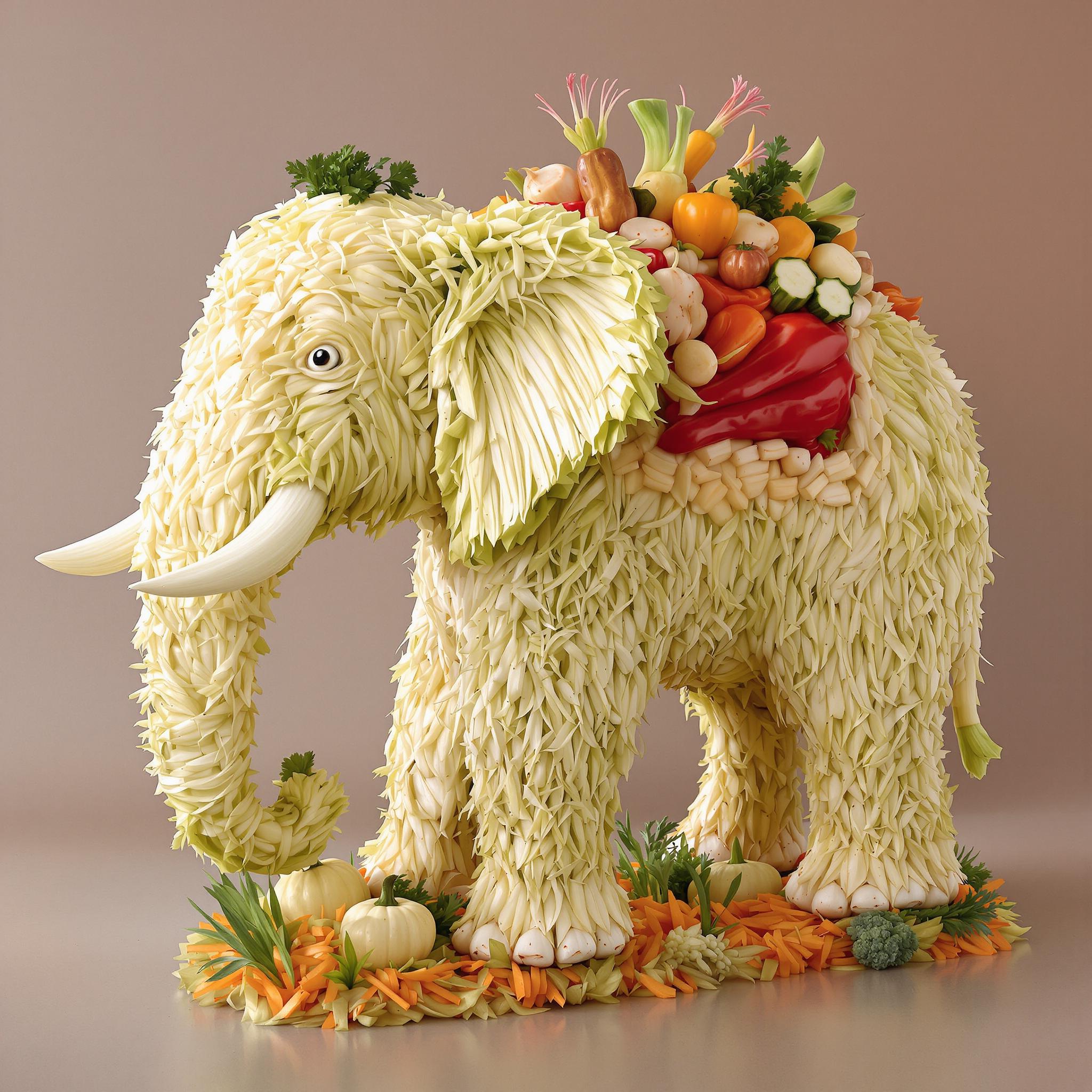 This image is a highly detailed and imaginative piece of food art. The subject of the artwork is an elephant, skillfully crafted from an assortment of vegetables and fruits. The elephant is depicted in profile, with its head turned slightly to the left, showcasing the full breadth of its trunk.The elephants skin is intricately fashioned from what appears to be thinly sliced leeks or onions, arranged in a way that mimics the texture and folds of the animals hide. The ears are made from what looks like thinly sliced cabbage or lettuce, with the inner ear depicted using the same leek or onion slices. The tusks are carved from what could be radishes or turnips, with the white and green colors of the vegetables creating a naturalistic look.The elephants trunk is a masterpiece of detail, with the tip of the trunk fashioned from what appears to be a slice of cucumber, and the rest of the trunk from thinly sliced leeks or onions, arranged to create the illusion of movement and flexibility. The trunk is adorned with a small cluster of green herbs, possibly parsley, adding a touch of color and texture.The elephants back is decorated with a variety of vegetables and fruits, including bell peppers, onions, and what could be small squash or pumpkins. The arrangement of these items creates a sense of depth and adds to the realism of the piece.The elephants legs are also crafted from leeks or onions, with the texture and folds of the skin carefully replicated. The feet are made from what could be small potatoes or radishes, with the green tops of the vegetables adding a pop of color.The elephant is standing on a base that resembles a grassy terrain, made from what appears to be thinly sliced carrots or daikon radishes, arranged to create a realistic texture and depth.The art style of this piece is highly stylized and surreal, as the elephant is made entirely from food items, which is not a common medium for sculpture. The medium used here is primarily vegetables and fruits, with some herbs and spices for added texture and color.The colors in the image are primarily earthy and natural, with the white and green of the vegetables creating a soft, pastel palette. The red bell pepper on the elephants back adds a pop of color, while the orange of the carrot base provides a warm contrast.Overall, this image is a testament to the creativity and skill of the artist, who has taken a common subject and transformed it into a work of art that is both visually stunning and delicious.
