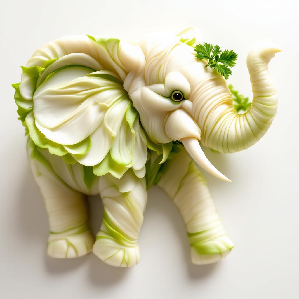 This image is a highly detailed and imaginative piece of food art. The subject of the artwork is an elephant, skillfully crafted from an assortment of vegetables and fruits. The elephant is depicted in profile, with its head turned slightly to the left, showcasing the full breadth of its trunk.The elephants skin is intricately fashioned from what appears to be thinly sliced leeks or onions, arranged in a way that mimics the texture and folds of the animals hide. The ears are made from what looks like thinly sliced cabbage or lettuce, with the inner ear depicted using the same leek or onion slices. The tusks are carved from what could be radishes or turnips, with the white and green colors of the vegetables creating a naturalistic look.The elephants trunk is a masterpiece of detail, with the tip of the trunk fashioned from what appears to be a slice of cucumber, and the rest of the trunk from thinly sliced leeks or onions, arranged to create the illusion of movement and flexibility. The trunk is adorned with a small cluster of green herbs, possibly parsley, adding a touch of color and texture.The elephants back is decorated with a variety of vegetables and fruits, including bell peppers, onions, and what could be small squash or pumpkins. The arrangement of these items creates a sense of depth and adds to the realism of the piece.The elephants legs are also crafted from leeks or onions, with the texture and folds of the skin carefully replicated. The feet are made from what could be small potatoes or radishes, with the green tops of the vegetables adding a pop of color.The elephant is standing on a base that resembles a grassy terrain, made from what appears to be thinly sliced carrots or daikon radishes, arranged to create a realistic texture and depth.The art style of this piece is highly stylized and surreal, as the elephant is made entirely from food items, which is not a common medium for sculpture. The medium used here is primarily vegetables and fruits, with some herbs and spices for added texture and color.The colors in the image are primarily earthy and natural, with the white and green of the vegetables creating a soft, pastel palette. The red bell pepper on the elephants back adds a pop of color, while the orange of the carrot base provides a warm contrast.Overall, this image is a testament to the creativity and skill of the artist, who has taken a common subject and transformed it into a work of art that is both visually stunning and delicious.