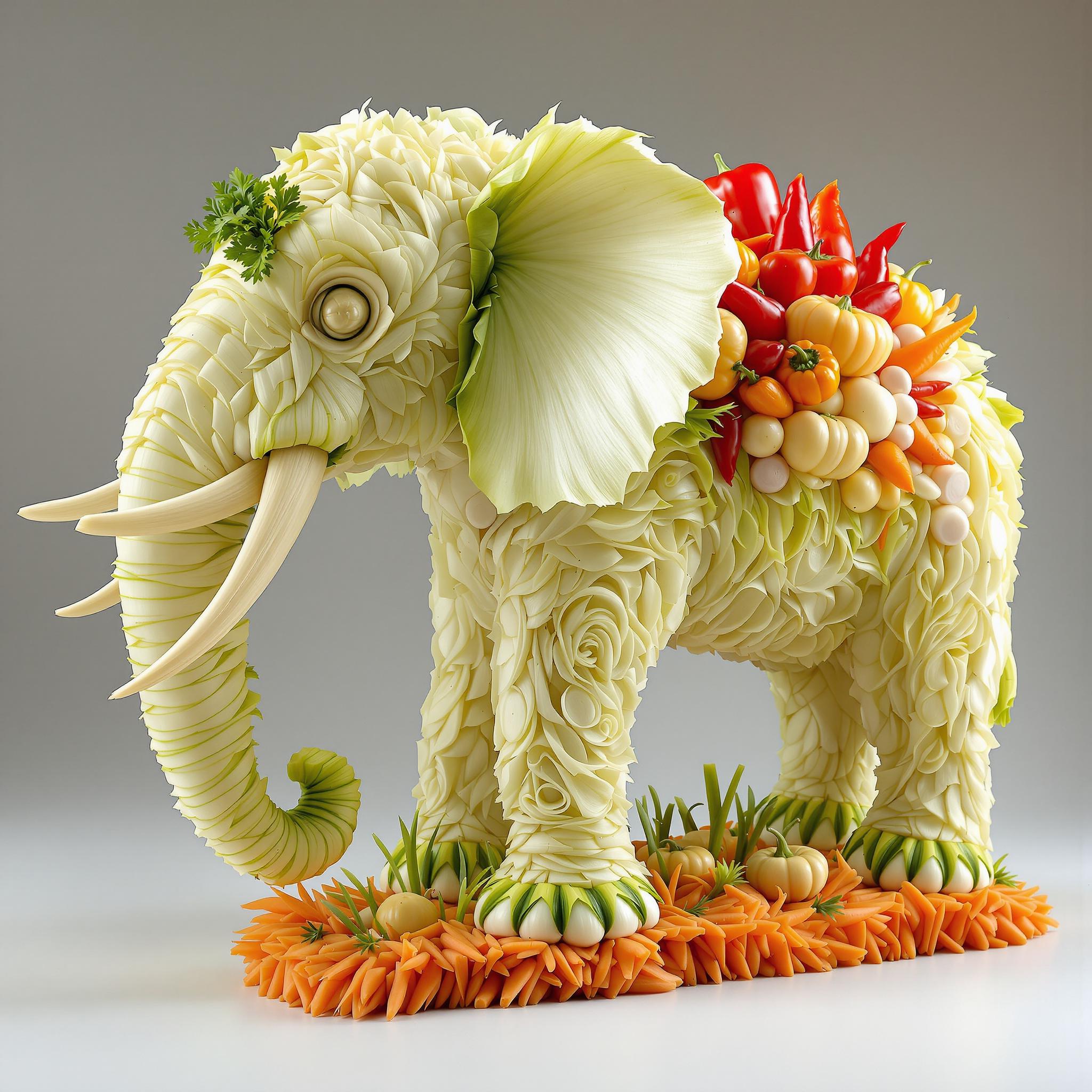This image is a highly detailed and imaginative piece of food art. The subject of the artwork is an elephant, skillfully crafted from an assortment of vegetables and fruits. The elephant is depicted in profile, with its head turned slightly to the left, showcasing the full breadth of its trunk.The elephants skin is intricately fashioned from what appears to be thinly sliced leeks or onions, arranged in a way that mimics the texture and folds of the animals hide. The ears are made from what looks like thinly sliced cabbage or lettuce, with the inner ear depicted using the same leek or onion slices. The tusks are carved from what could be radishes or turnips, with the white and green colors of the vegetables creating a naturalistic look.The elephants trunk is a masterpiece of detail, with the tip of the trunk fashioned from what appears to be a slice of cucumber, and the rest of the trunk from thinly sliced leeks or onions, arranged to create the illusion of movement and flexibility. The trunk is adorned with a small cluster of green herbs, possibly parsley, adding a touch of color and texture.The elephants back is decorated with a variety of vegetables and fruits, including bell peppers, onions, and what could be small squash or pumpkins. The arrangement of these items creates a sense of depth and adds to the realism of the piece.The elephants legs are also crafted from leeks or onions, with the texture and folds of the skin carefully replicated. The feet are made from what could be small potatoes or radishes, with the green tops of the vegetables adding a pop of color.The elephant is standing on a base that resembles a grassy terrain, made from what appears to be thinly sliced carrots or daikon radishes, arranged to create a realistic texture and depth.The art style of this piece is highly stylized and surreal, as the elephant is made entirely from food items, which is not a common medium for sculpture. The medium used here is primarily vegetables and fruits, with some herbs and spices for added texture and color.The colors in the image are primarily earthy and natural, with the white and green of the vegetables creating a soft, pastel palette. The red bell pepper on the elephants back adds a pop of color, while the orange of the carrot base provides a warm contrast.Overall, this image is a testament to the creativity and skill of the artist, who has taken a common subject and transformed it into a work of art that is both visually stunning and delicious.