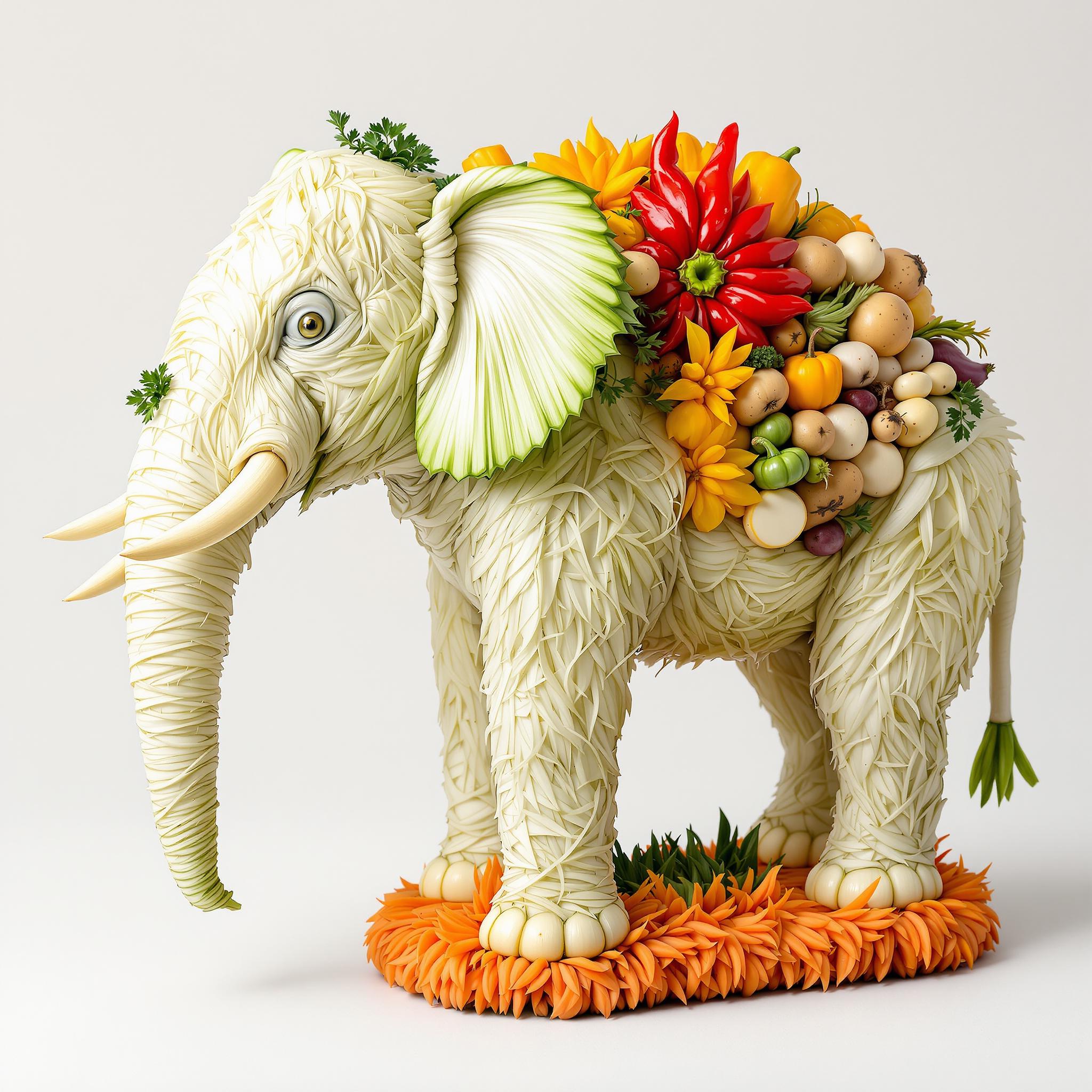 This image is a highly detailed and imaginative piece of food art. The subject of the artwork is an elephant, skillfully crafted from an assortment of vegetables and fruits. The elephant is depicted in profile, with its head turned slightly to the left, showcasing the full breadth of its trunk.The elephants skin is intricately fashioned from what appears to be thinly sliced leeks or onions, arranged in a way that mimics the texture and folds of the animals hide. The ears are made from what looks like thinly sliced cabbage or lettuce, with the inner ear depicted using the same leek or onion slices. The tusks are carved from what could be radishes or turnips, with the white and green colors of the vegetables creating a naturalistic look.The elephants trunk is a masterpiece of detail, with the tip of the trunk fashioned from what appears to be a slice of cucumber, and the rest of the trunk from thinly sliced leeks or onions, arranged to create the illusion of movement and flexibility. The trunk is adorned with a small cluster of green herbs, possibly parsley, adding a touch of color and texture.The elephants back is decorated with a variety of vegetables and fruits, including bell peppers, onions, and what could be small squash or pumpkins. The arrangement of these items creates a sense of depth and adds to the realism of the piece.The elephants legs are also crafted from leeks or onions, with the texture and folds of the skin carefully replicated. The feet are made from what could be small potatoes or radishes, with the green tops of the vegetables adding a pop of color.The elephant is standing on a base that resembles a grassy terrain, made from what appears to be thinly sliced carrots or daikon radishes, arranged to create a realistic texture and depth.The art style of this piece is highly stylized and surreal, as the elephant is made entirely from food items, which is not a common medium for sculpture. The medium used here is primarily vegetables and fruits, with some herbs and spices for added texture and color.The colors in the image are primarily earthy and natural, with the white and green of the vegetables creating a soft, pastel palette. The red bell pepper on the elephants back adds a pop of color, while the orange of the carrot base provides a warm contrast.Overall, this image is a testament to the creativity and skill of the artist, who has taken a common subject and transformed it into a work of art that is both visually stunning and delicious.
