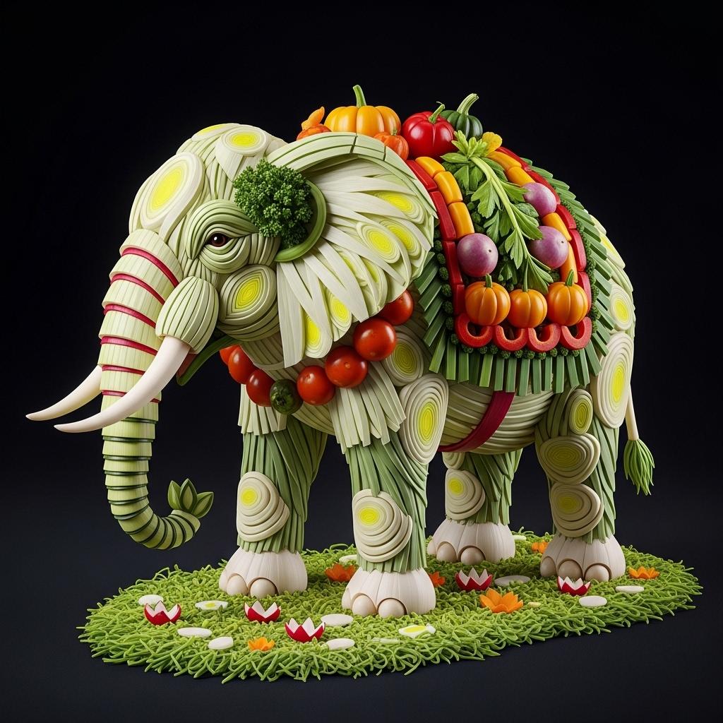This image is a highly detailed and imaginative piece of food art. The subject of the artwork is an elephant, skillfully crafted from an assortment of vegetables and fruits. The elephant is depicted in profile, with its head turned slightly to the left, showcasing the full breadth of its trunk.The elephants skin is intricately fashioned from what appears to be thinly sliced leeks or onions, arranged in a way that mimics the texture and folds of the animals hide. The ears are made from what looks like thinly sliced cabbage or lettuce, with the inner ear depicted using the same leek or onion slices. The tusks are carved from what could be radishes or turnips, with the white and green colors of the vegetables creating a naturalistic look.The elephants trunk is a masterpiece of detail, with the tip of the trunk fashioned from what appears to be a slice of cucumber, and the rest of the trunk from thinly sliced leeks or onions, arranged to create the illusion of movement and flexibility. The trunk is adorned with a small cluster of green herbs, possibly parsley, adding a touch of color and texture.The elephants back is decorated with a variety of vegetables and fruits, including bell peppers, onions, and what could be small squash or pumpkins. The arrangement of these items creates a sense of depth and adds to the realism of the piece.The elephants legs are also crafted from leeks or onions, with the texture and folds of the skin carefully replicated. The feet are made from what could be small potatoes or radishes, with the green tops of the vegetables adding a pop of color.The elephant is standing on a base that resembles a grassy terrain, made from what appears to be thinly sliced carrots or daikon radishes, arranged to create a realistic texture and depth.The art style of this piece is highly stylized and surreal, as the elephant is made entirely from food items, which is not a common medium for sculpture. The medium used here is primarily vegetables and fruits, with some herbs and spices for added texture and color.The colors in the image are primarily earthy and natural, with the white and green of the vegetables creating a soft, pastel palette. The red bell pepper on the elephants back adds a pop of color, while the orange of the carrot base provides a warm contrast.Overall, this image is a testament to the creativity and skill of the artist, who has taken a common subject and transformed it into a work of art that is both visually stunning and delicious.