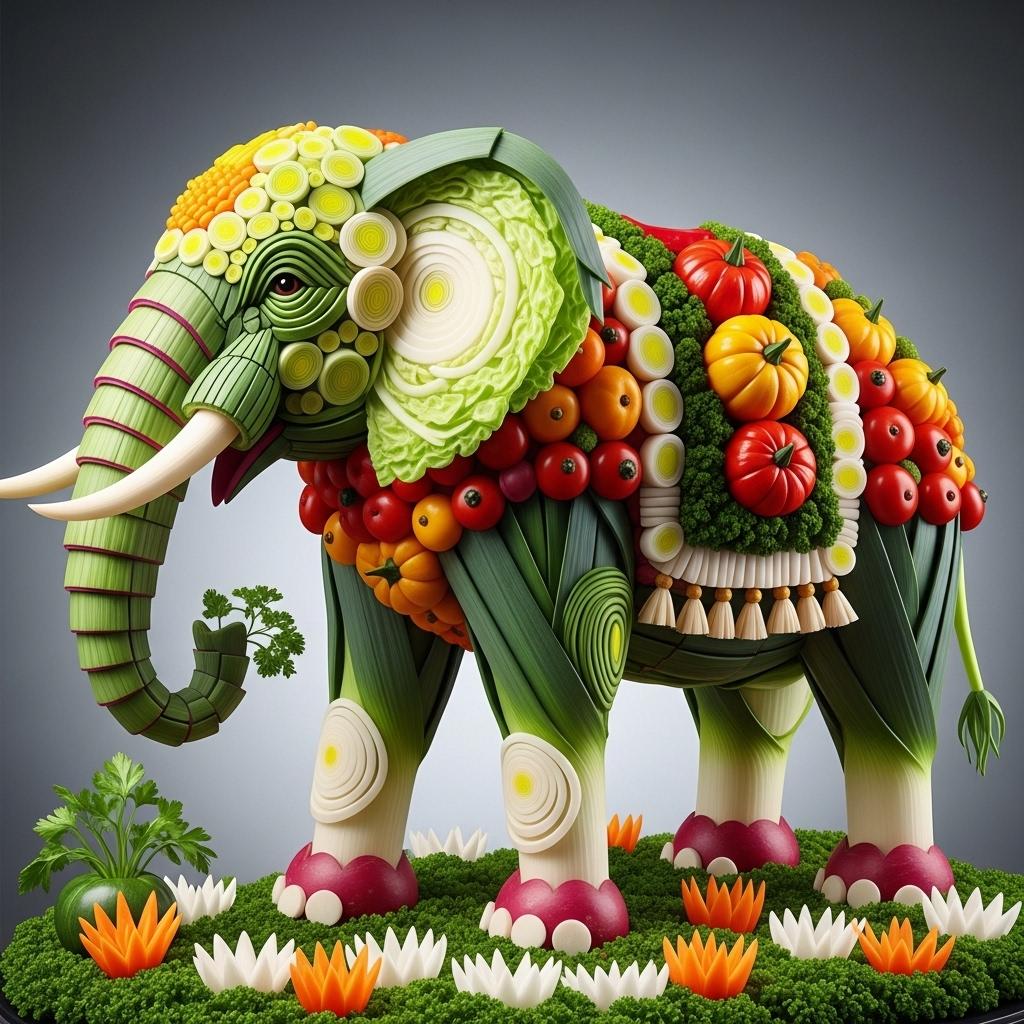 This image is a highly detailed and imaginative piece of food art. The subject of the artwork is an elephant, skillfully crafted from an assortment of vegetables and fruits. The elephant is depicted in profile, with its head turned slightly to the left, showcasing the full breadth of its trunk.The elephants skin is intricately fashioned from what appears to be thinly sliced leeks or onions, arranged in a way that mimics the texture and folds of the animals hide. The ears are made from what looks like thinly sliced cabbage or lettuce, with the inner ear depicted using the same leek or onion slices. The tusks are carved from what could be radishes or turnips, with the white and green colors of the vegetables creating a naturalistic look.The elephants trunk is a masterpiece of detail, with the tip of the trunk fashioned from what appears to be a slice of cucumber, and the rest of the trunk from thinly sliced leeks or onions, arranged to create the illusion of movement and flexibility. The trunk is adorned with a small cluster of green herbs, possibly parsley, adding a touch of color and texture.The elephants back is decorated with a variety of vegetables and fruits, including bell peppers, onions, and what could be small squash or pumpkins. The arrangement of these items creates a sense of depth and adds to the realism of the piece.The elephants legs are also crafted from leeks or onions, with the texture and folds of the skin carefully replicated. The feet are made from what could be small potatoes or radishes, with the green tops of the vegetables adding a pop of color.The elephant is standing on a base that resembles a grassy terrain, made from what appears to be thinly sliced carrots or daikon radishes, arranged to create a realistic texture and depth.The art style of this piece is highly stylized and surreal, as the elephant is made entirely from food items, which is not a common medium for sculpture. The medium used here is primarily vegetables and fruits, with some herbs and spices for added texture and color.The colors in the image are primarily earthy and natural, with the white and green of the vegetables creating a soft, pastel palette. The red bell pepper on the elephants back adds a pop of color, while the orange of the carrot base provides a warm contrast.Overall, this image is a testament to the creativity and skill of the artist, who has taken a common subject and transformed it into a work of art that is both visually stunning and delicious.