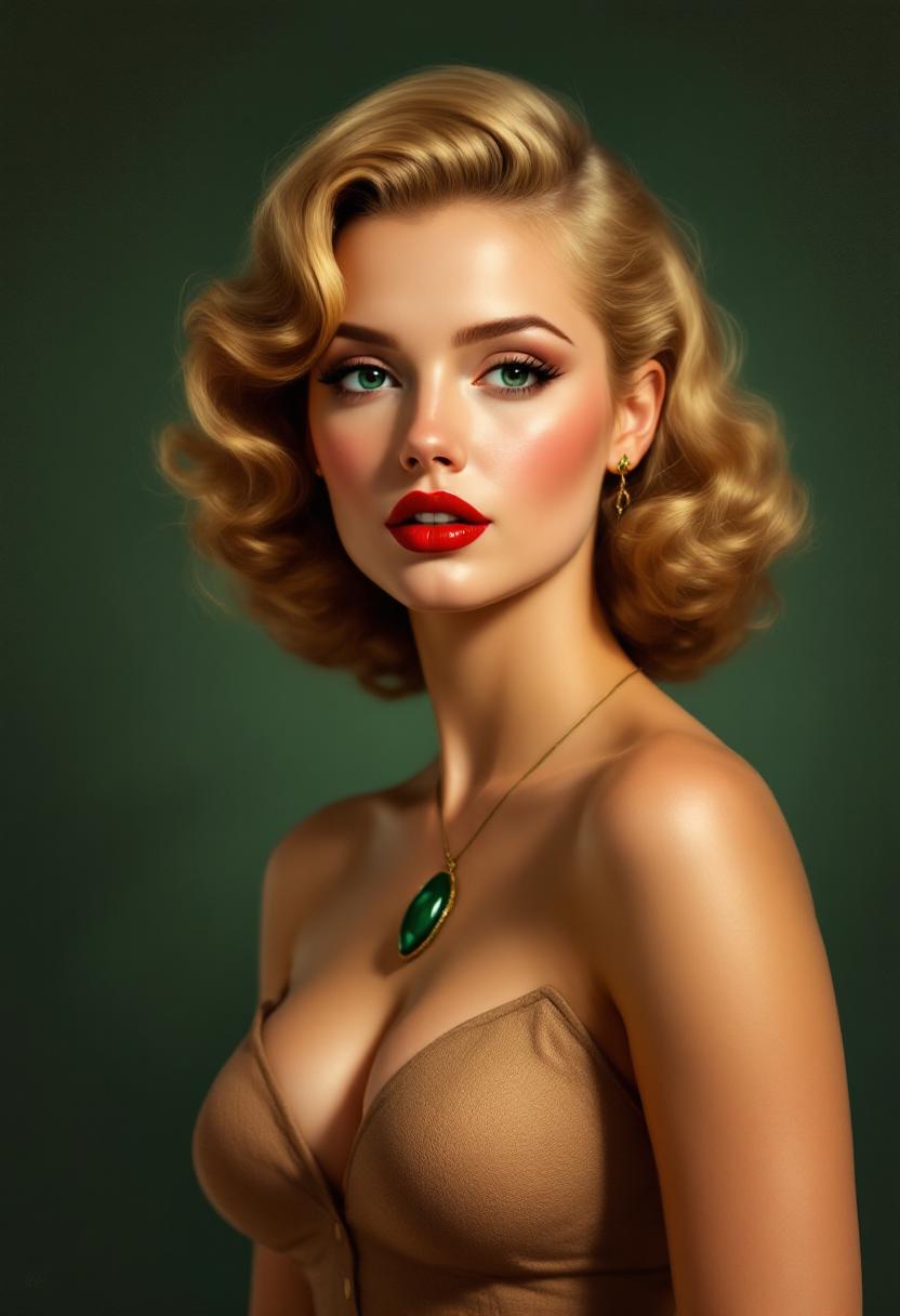 This is a digitally created image that exudes a vintage or retro art style, reminiscent of pinup art from the 1940s and 1950s. The medium appears to be a digital painting, given the smooth blending of colors and the lack of texture that might be present in a traditional painting.The colors in the image are rich and warm, with a predominance of earthy tones. The subjects skin is depicted in a soft, peachy hue, which contrasts with the deep, rich red of her lips. The background is a muted green, which suggests a forest or garden setting. The lighting in the image is soft and diffused, casting gentle shadows and highlights that give the subject a threedimensional form.The subject of the image is a woman with blonde hair styled in waves, reminiscent of the hairstyles popular in the mid20th century. She is wearing a sleeveless, vneck dress that has a subtle, textured pattern, giving the impression of a fabric with a slight sheen. Around her neck is a pendant necklace with a dark green stone, which stands out against her light skin tone.In the background, there are branches and leaves that suggest a natural setting, possibly a forest or a garden. Scattered throughout the branches are small, round, orange fruits, which could be berries or small apples. The fruits add a pop of color to the otherwise subdued palette of the image.Overall, the image has a dreamy, nostalgic quality, inviting the viewer to imagine a story set in a bygone era. The subjects confident pose and the romantic, bucolic setting evoke a sense of timeless beauty and allure.