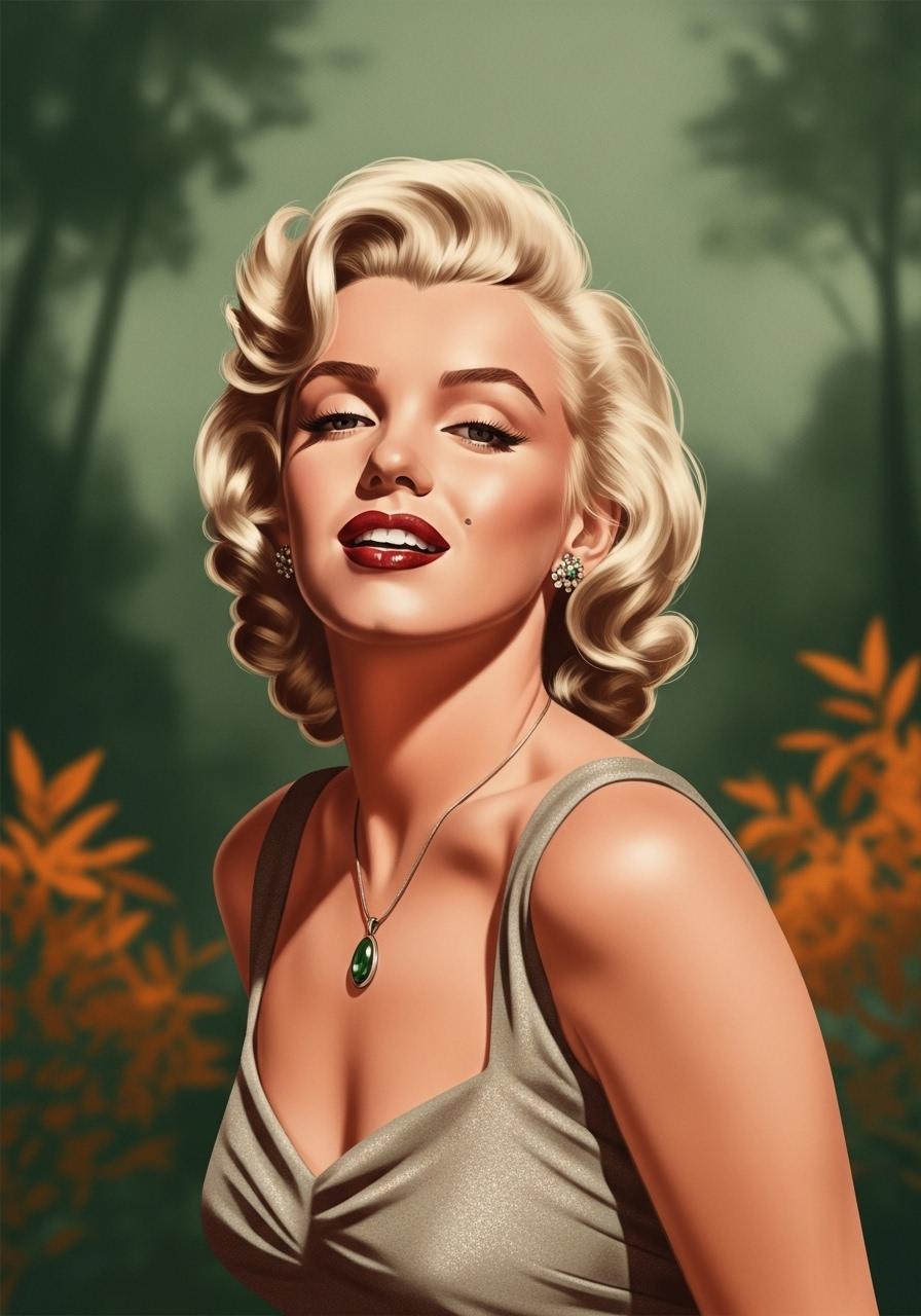 This is a digitally created image of "Marilyn Monroe" that exudes a vintage or retro art style, reminiscent of pinup art from the 1940s and 1950s. The medium appears to be a digital painting, given the smooth blending of colors and the lack of texture that might be present in a traditional painting.The colors in the image are rich and warm, with a predominance of earthy tones. The subjects skin is depicted in a soft, peachy hue, which contrasts with the deep, rich red of her lips. The background is a muted green, which suggests a forest or garden setting. The lighting in the image is soft and diffused, casting gentle shadows and highlights that give the subject a threedimensional form.The subject of the image is a woman with blonde hair styled in waves, reminiscent of the hairstyles popular in the mid20th century. She is wearing a sleeveless, vneck dress that has a subtle, textured pattern, giving the impression of a fabric with a slight sheen. Around her neck is a pendant necklace with a dark green stone, which stands out against her light skin tone.In the background, there are branches and leaves that suggest a natural setting, possibly a forest or a garden. Scattered throughout the branches are small, round, orange fruits, which could be berries or small apples. The fruits add a pop of color to the otherwise subdued palette of the image.Overall, the image has a dreamy, nostalgic quality, inviting the viewer to imagine a story set in a bygone era. The subjects confident pose and the romantic, bucolic setting evoke a sense of timeless beauty and allure.
