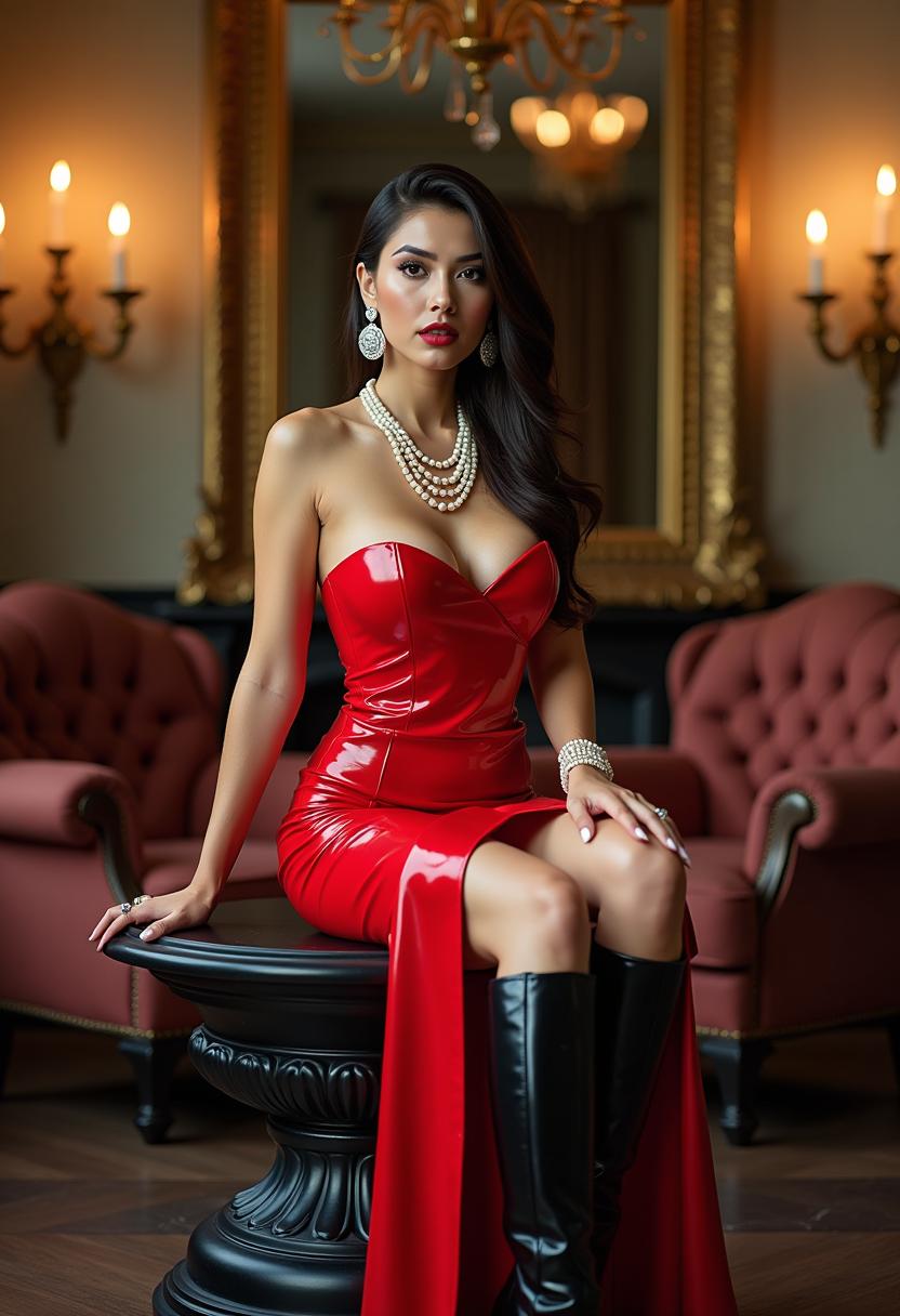 This image is a highfashion portrait that exudes opulence and glamour. The subject is seated on a classic, ornate pedestal, which adds a sense of antiquity and sophistication to the composition. The pedestal is dark, providing a stark contrast to the bright red of the subjects attire and the surrounding room.The subject is wearing a strapless, red, patent leather dress with a sweetheart neckline that accentuates the chest. The dress is formfitting, highlighting the figure, and has a thighhigh slit that reveals the legs. The dresss material has a shiny, glossy finish, catching the light and adding to the overall luxurious feel of the image.The subjects legs are adorned with black, kneehigh boots that have a similar glossy finish to the dress, matching the overall aesthetic. The boots have a pointed toe and a high heel, adding a touch of edginess to the otherwise classic and elegant look.The subjects accessories include a multistrand pearl necklace, a matching bracelet, and rings on the fingers, all of which complement the opulence of the outfit. The jewelry is large and statementmaking, with the pearls catching the light and adding a touch of classic elegance.The setting is a richly appointed room with a grand, ornate mirror on the wall, reflecting the opulence of the surroundings. The room has a classic, traditional design with plush, tufted sofas and chairs, and the walls are adorned with heavy drapery. The lighting in the room is warm and ambient, with a chandelier and wall sconces casting a soft glow, enhancing the luxurious feel of the space.The overall art style of the image is highfashion photography, with a focus on the subjects outfit and accessories, set against a backdrop that suggests wealth and luxury. The medium appears to be a highresolution digital photograph, with a focus on sharp detail and vibrant color saturation. The colors in the image are rich and bold, with the red of the dress standing out against the neutral tones of the room and the black of the boots and jewelry. The glossy finish of the dress and boots adds a reflective quality to the image, catching and refracting the light.