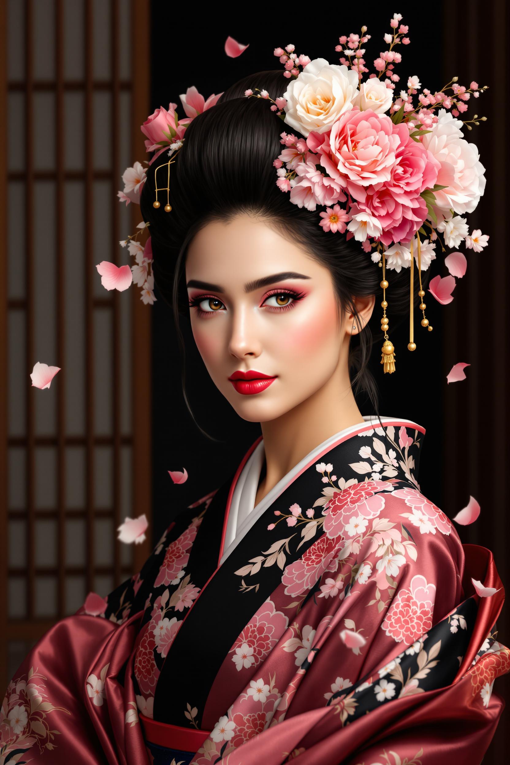 A portrait photo of a photo of Salma Hayek, This image is a digital artwork that captures the essence of traditional Japanese aesthetics, particularly the style of a Geisha. The subject is adorned in a traditional kimono, which is richly patterned with floral motifs in shades of pink, white, and black. The kimonos design is intricate, with delicate folds and curves that suggest movement and grace.The subjects hair is styled in an elaborate updo, which is a hallmark of Geisha beauty. The hair is adorned with an array of flowers, including roses, peonies, and cherry blossoms, which are all rendered in a lifelike manner. The flowers are arranged asymmetrically, adding a sense of spontaneity and natural beauty to the composition.The background of the artwork is a dark, almost black, with vertical lines that resemble the lattice of a traditional Japanese window or a bamboo screen. This creates a stark contrast with the subject, drawing the viewers attention to the detailed rendering of the kimono and the floral hair accessory.The color palette of the artwork is warm and muted, with a predominance of pinks, whites, and blacks. The use of these colors gives the image a sense of elegance and refinement. The lighting in the artwork is soft and diffused, highlighting the textures and contours of the subject and the kimono without casting harsh shadows.Overall, the art style of this image is realistic with a touch of surrealism, as the flowers and petals seem to defy gravity and float around the subject. The medium appears to be digital painting, given the smooth gradients and seamless blending of colors. The attention to detail and the harmonious balance between the subject and the background make this a visually striking and culturally rich piece of art.