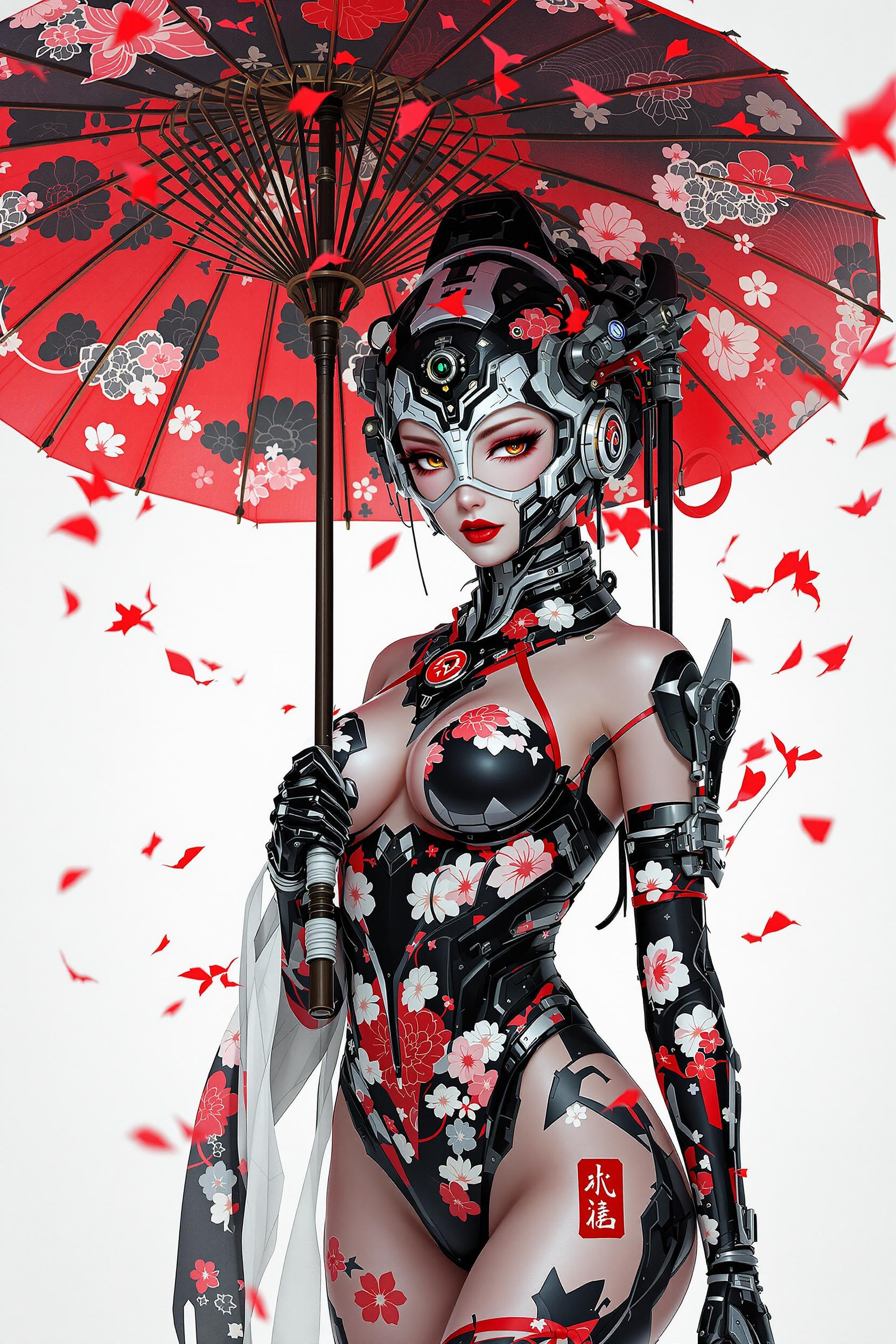 This image is a digital artwork that combines elements of traditional Japanese aesthetics with a cyberpunk influence. The art style is a blend of anime and futuristic elements, with a focus on detailed textures and a high level of realism.The medium appears to be a digital painting, utilizing advanced software to create the intricate details and vibrant colors. The image has a threedimensional quality, enhanced by the lighting and shadow play across the subjects body.The colors in the image are rich and varied, with a predominance of black, white, and shades of gray. These colors are accented with bright reds and pinks, primarily found in the floral patterns and the subjects mechanical mask. The reds and pinks stand out against the darker tones, drawing the viewers attention and adding a pop of color to the otherwise monochromatic scheme.The objects in the image are numerous and intricate. The subject is adorned with a traditional Japanese umbrella, which is patterned with a floral motif in black, white, and red. The umbrella is held delicately in the subjects left hand, and the petals are depicted in midflight, giving the impression of a gentle breeze.The subjects attire is also rich in detail, featuring a bodysuit that is a fusion of traditional Japanese clothing and cybernetic enhancements. The bodysuit is patterned with the same floral motif as the umbrella, and the subjects skin is depicted with a realistic texture and subtle shading.The subjects face is obscured by a mechanical mask that covers the lower half, leaving only the eyes visible. The eyes are detailed with long lashes and a hint of makeup, and they have a piercing gaze that seems to penetrate the soul.Overall, the image is a striking fusion of traditional and futuristic elements, with a focus on detailed textures, vibrant colors, and a high level of realism. The subjects confident and mysterious demeanor adds to the overall impact of the artwork.