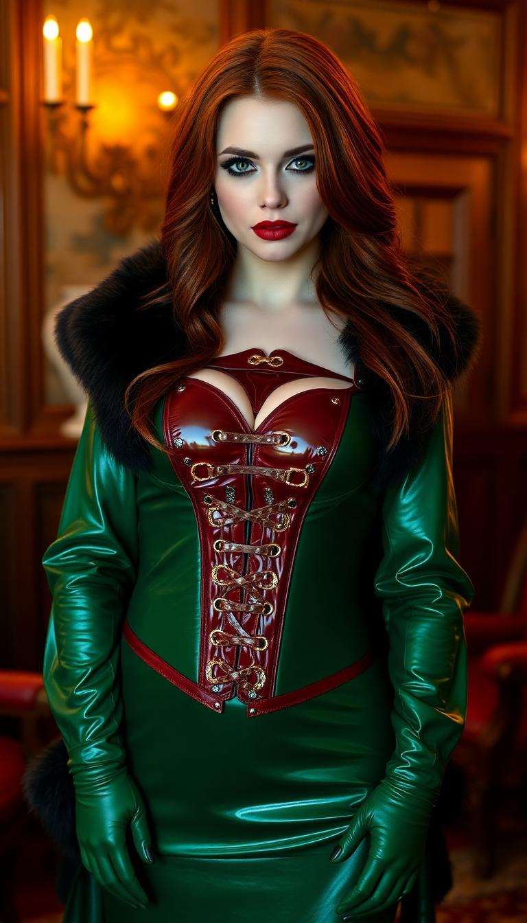 Tall early 20s, emerald eyes, heavy goth makeup. Blood red lips. Thick, heavy red hair falling past her shoulders. Dressed in a shiny emerald green latex evening gown with a shiny crimson latex corset decorated with straps and buckles. Wearing shiny emerald green latex gloves. She has a shiny black mink fur coat. Standing in a Victorian-era parlour