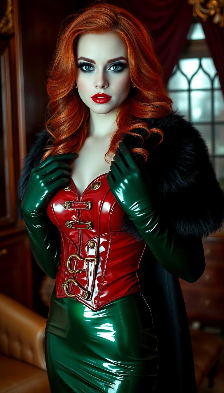 A striking portrait of a tall woman in her early 20s, with piercing emerald eyes that gleam with intensity, framed by heavy goth makeup featuring dramatic black eyeliner and smoky eyeshadow. Her blood-red lips stand out as a bold contrast against her pale complexion. Her thick, heavy red hair cascades past her shoulders in voluminous waves, catching the light with a fiery sheen. She is dressed in a stunning, shiny emerald green latex evening gown that hugs her figure, paired with a glossy crimson latex corset adorned with intricate straps and polished buckles, adding an edgy, rebellious flair. Her arms are clad in matching shiny emerald green latex gloves that extend to her elbows, reflecting subtle highlights. Draped over her shoulders is a luxurious, shiny black mink fur coat, its soft texture contrasting with the sleek latex. She stands confidently in a dimly lit Victorian-era parlour, surrounded by ornate, dark mahogany furniture, heavy velvet drapes in deep burgundy, and flickering candlelight casting warm, golden glows and long shadows across the room. The composition focuses on her as the central figure, captured from a slight low angle to emphasize her commanding presence, with the camera framing her against the intricate, vintage wallpaper of the parlour. The mood is dark, mysterious, and elegant, evoking a gothic romance aesthetic, with a haunting yet regal atmosphere reminiscent of a Tim Burton film or a 19th-century portrait painting. The lighting is soft and dramatic, with chiaroscuro effects highlighting the textures of the latex and fur, rendered in a cinematic, hyper-detailed style.