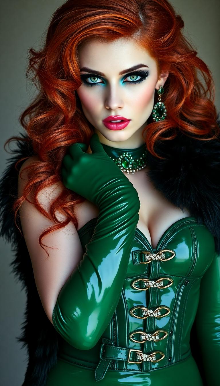 A striking portrait of a tall woman in her early 20s, with piercing emerald eyes that gleam with intensity, framed by heavy goth makeup featuring dramatic black eyeliner and smoky eyeshadow. Her shiny emerald lips stand out as a bold contrast against her pale complexion. Her thick, heavy red hair cascades past her shoulders in voluminous waves, catching the light with a fiery sheen. She wears emerald encrusted jewelry on her neck, wrists and ears. She is dressed in a stunning, shiny emerald green latex evening gown that hugs her figure, paired with a glossy emerald latex corset adorned with intricate straps and polished buckles, adding an edgy, rebellious flair. Her arms are clad in matching shiny emerald green latex gloves that extend to her elbows, reflecting subtle highlights. Draped over her shoulders is a luxurious, shiny black mink fur coat, its soft texture contrasting with the sleek latex. She stands confidently in a dimly lit Victorian-era parlour, surrounded by ornate, dark mahogany furniture, heavy velvet drapes in deep burgundy, and flickering candlelight casting warm, golden glows and long shadows across the room. The composition focuses on her as the central figure, captured from a slight low angle to emphasize her commanding presence, with the camera framing her against the intricate, vintage wallpaper of the parlour. The mood is dark, mysterious, and elegant, evoking a gothic romance aesthetic, with a haunting yet regal atmosphere reminiscent of a Tim Burton film or a 19th-century portrait painting. The lighting is soft and dramatic, with chiaroscuro effects highlighting the textures of the latex and fur, rendered in a cinematic, hyper-detailed style.