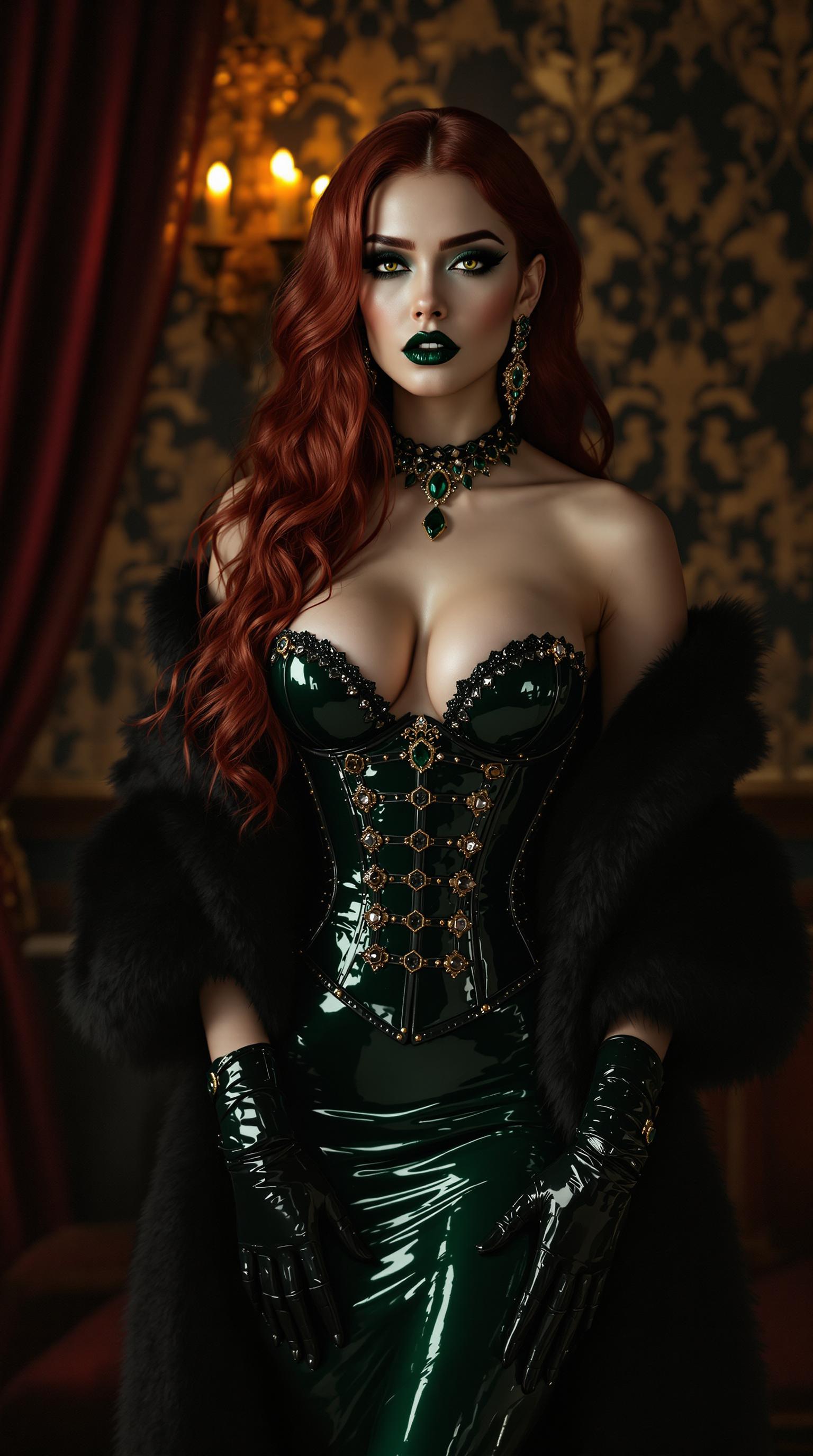 A captivating portrait of a tall woman in her early 20s, exuding a commanding aura, her piercing emerald eyes gleaming with intense emotion, framed by bold goth makeup with sharp, dramatic black eyeliner and deep smoky eyeshadow. Her shiny emerald lips create a striking contrast against her porcelain-pale complexion. Thick, voluminous red hair cascades past her shoulders in fiery waves, catching the light with a glossy, vibrant sheen. Adorning her neck, wrists, and ears are exquisite emerald-encrusted jewelry pieces, shimmering subtly in the ambient glow. She is dressed in a breathtaking shiny emerald green latex evening gown that clings to her figure, accentuating every curve, paired with a glossy emerald latex corset featuring intricate straps and polished buckles for an edgy, rebellious touch. Her arms are sheathed in matching shiny emerald green latex gloves reaching to her elbows, reflecting delicate highlights. A luxurious, shiny black mink fur coat drapes over her shoulders, its soft, plush texture contrasting beautifully with the sleek latex. She stands with unshakable confidence in a dimly lit Victorian-era parlour, surrounded by ornate dark mahogany furniture, heavy burgundy velvet drapes, and flickering candlelight casting warm golden hues and elongated shadows across the space. The composition centers her as the dominant figure, captured from a slight low angle to amplify her imposing presence, framed against the intricate, vintage wallpaper of the parlour with delicate floral patterns. The mood is dark, mysterious, and elegantly haunting, steeped in a gothic romance aesthetic reminiscent of a Tim Burton film or a 19th-century portrait painting. The atmosphere evokes a regal yet eerie ambiance, with soft, dramatic chiaroscuro lighting highlighting the glossy textures of latex, the opulent fur, and the fine details of her jewelry and makeup. Rendered in a cinematic, hyper-detailed style, the image emphasizes photorealistic textures, subtle reflections, and a rich interplay of light and shadow for a truly immersive visual experience.