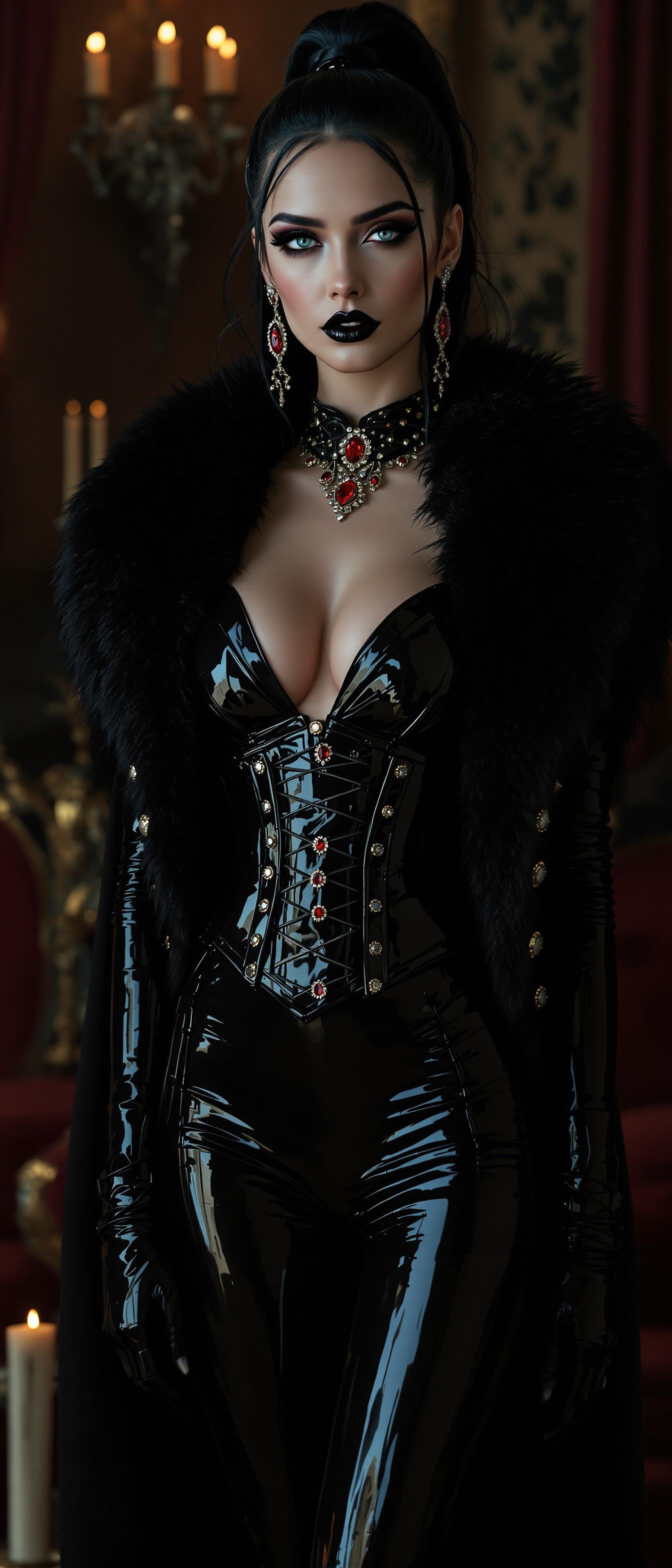 A mesmerizing portrait of a tall woman in her early 20s, radiating a commanding and enigmatic presence. Her piercing blue eyes burn with intense emotion, framed by bold gothic makeup featuring sharp, dramatic black eyeliner and deep, smoky eyeshadow that blends seamlessly into her porcelain-pale complexion. Her shiny black lips provide a striking contrast, exuding both elegance and defiance. Thick, voluminous black hair is styled in a high ponytail, cascading past her shoulders in glossy, raven waves that catch the light with a vibrant, silky sheen. Exquisite ruby-encrusted jewelry adorns her neck, wrists, and ears, shimmering subtly with a deep crimson glow in the ambient light. She wears a breathtaking shiny black latex formal tuxedo, tailored to perfection, clinging to her figure and accentuating every curve, paired with a glossy black latex corset adorned with intricate straps and polished buckles for a rebellious, edgy flair. Her arms are encased in slim, shiny black latex gloves reaching to her wrists, reflecting delicate highlights that contrast with the darker tones. A luxurious, shiny black mink fur coat drapes regally over her shoulders, its soft, plush texture juxtaposing the sleek, reflective latex, adding a layer of opulent decadence. She stands with unshakable confidence in a dimly lit Victorian-era parlour, surrounded by ornate dark mahogany furniture, heavy burgundy velvet drapes, and flickering candlelight casting warm golden hues and elongated, dramatic shadows across the room. The composition centers her as the dominant figure, captured from a slight low angle to emphasize her towering, imposing presence, framed against the intricate vintage wallpaper adorned with delicate, faded floral patterns. The mood is dark, mysterious, and elegantly haunting, steeped in a gothic romance aesthetic reminiscent of Tim Burton’s cinematic style or a 19th-century portrait painting by John Singer Sargent. The atmosphere evokes a regal yet eerie ambiance, with soft, dramatic chiaroscuro lighting highlighting the glossy textures of the latex, the sumptuous fur, and the fine, intricate details of her jewelry and makeup. Rendered in a cinematic, hyper-detailed, photorealistic style, the image emphasizes lifelike textures, subtle reflections on the latex and fur, and a rich interplay of light and shadow, creating a deeply immersive visual experience with a focus on high contrast and meticulous detail.