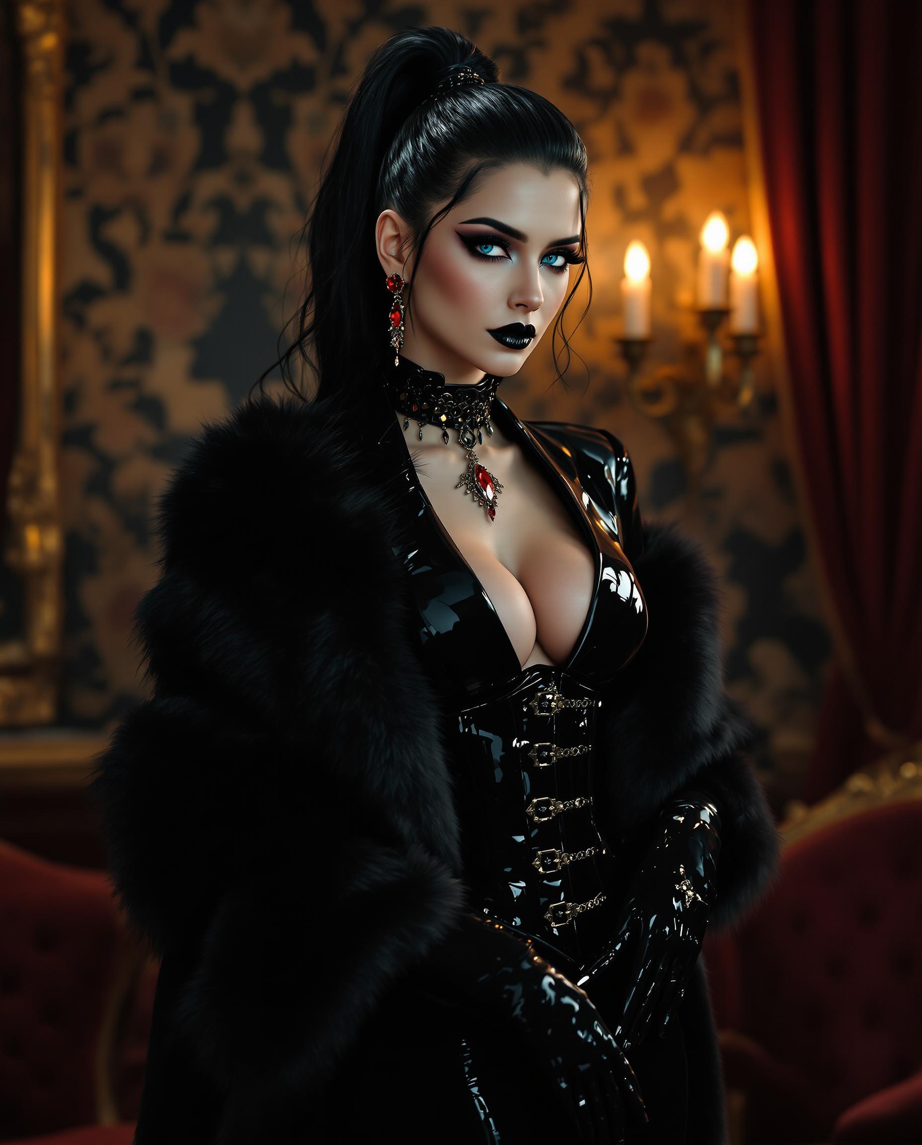 A mesmerizing portrait of a tall woman in her early 20s, radiating a commanding and enigmatic presence. Her piercing blue eyes burn with intense emotion, framed by bold gothic makeup featuring sharp, dramatic black eyeliner and deep, smoky eyeshadow that blends seamlessly into her porcelain-pale complexion. Her shiny black lips provide a striking contrast, exuding both elegance and defiance. Thick, voluminous black hair is styled in a high ponytail, cascading past her shoulders in glossy, raven waves that catch the light with a vibrant, silky sheen. Exquisite ruby-encrusted jewelry adorns her neck, wrists, and ears, shimmering subtly with a deep crimson glow in the ambient light. She wears a breathtaking shiny black latex formal tuxedo, tailored to perfection, clinging to her figure and accentuating every curve, paired with a glossy black latex corset adorned with intricate straps and polished buckles for a rebellious, edgy flair. Her arms are encased in slim, shiny black latex gloves reaching to her wrists, reflecting delicate highlights that contrast with the darker tones. A luxurious, shiny black mink fur coat drapes regally over her shoulders, its soft, plush texture juxtaposing the sleek, reflective latex, adding a layer of opulent decadence. She stands with unshakable confidence in a dimly lit Victorian-era parlour, surrounded by ornate dark mahogany furniture, heavy burgundy velvet drapes, and flickering candlelight casting warm golden hues and elongated, dramatic shadows across the room. The composition centers her as the dominant figure, captured from a slight low angle to emphasize her towering, imposing presence, framed against the intricate vintage wallpaper adorned with delicate, faded floral patterns. The mood is dark, mysterious, and elegantly haunting, steeped in a gothic romance aesthetic reminiscent of Tim Burton’s cinematic style or a 19th-century portrait painting by John Singer Sargent. The atmosphere evokes a regal yet eerie ambiance, with soft, dramatic chiaroscuro lighting highlighting the glossy textures of the latex, the sumptuous fur, and the fine, intricate details of her jewelry and makeup. Rendered in a cinematic, hyper-detailed, photorealistic style, the image emphasizes lifelike textures, subtle reflections on the latex and fur, and a rich interplay of light and shadow, creating a deeply immersive visual experience with a focus on high contrast and meticulous detail.