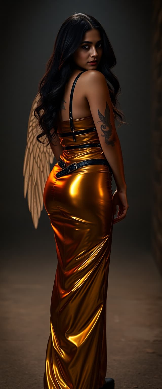 A captivating 21-year-old Bollywood beauty, an Indian woman with rich, dark skin embodying Hindu heritage, exuding a mesmerizing blend of vintage charm and modern edge. Her long, shiny chestnut hair cascades in soft, voluminous waves over her shoulders, each strand glistening with a silky, radiant sheen under the light. Her curvaceous figure is accentuated by a tight, glossy gold latex floor-length dress, clinging to her form with a polished, mirror-like finish that reflects light, emphasizing every contour and curve, adorned with intricate zippers, straps, and polished buckles for a daring, structured look. She wears striking gold latex knee-high platform boots, their sleek, gleaming surface adding a bold, rebellious flair, shimmering under dramatic lighting. A detailed tattoo of angel wings spans across her back, intricately inked over her shoulder blades with fine linework and subtle shading, adding a layer of mystique to her allure. The scene unfolds in a dimly lit BDSM dungeon with a retro-inspired twist, featuring dark, textured stone walls adorned with vintage metal fixtures, chains, and faint traces of flickering candlelight casting dynamic shadows, creating a sultry, underground ambiance. The composition centers on her confident pose, standing slightly angled to the camera, one hand resting on her hip, the other relaxed by her side, her playful yet alluring smile radiating seductive charm. The camera angle is slightly low, emphasizing her commanding presence and the dramatic lines of her outfit against the shadowy backdrop. Lighting is a masterful blend of soft, warm key light illuminating her flawless face, accentuating her high cheekbones, deep almond eyes, and full, glossy lips, contrasted by subtle, moody rim lighting tracing the edges of her form, highlighting the reflective texture of the latex and the intricate details of her tattoo. The mood is sultry and glamorous, steeped in a timeless, seductive atmosphere with a faint nostalgic warmth reminiscent of classic Hollywood allure, yet infused with the raw, provocative edge of the dungeon setting. Rendered in a high-definition, hyper-realistic style, with meticulous attention to fine details such as the smooth, glossy texture of the latex, the luminous shine of her hair, the delicate shading and depth of her tattoo, and the nuanced play of light and shadow across her figure and the surrounding environment, creating a vivid, lifelike portrayal that balances vintage elegance with modern intensity.