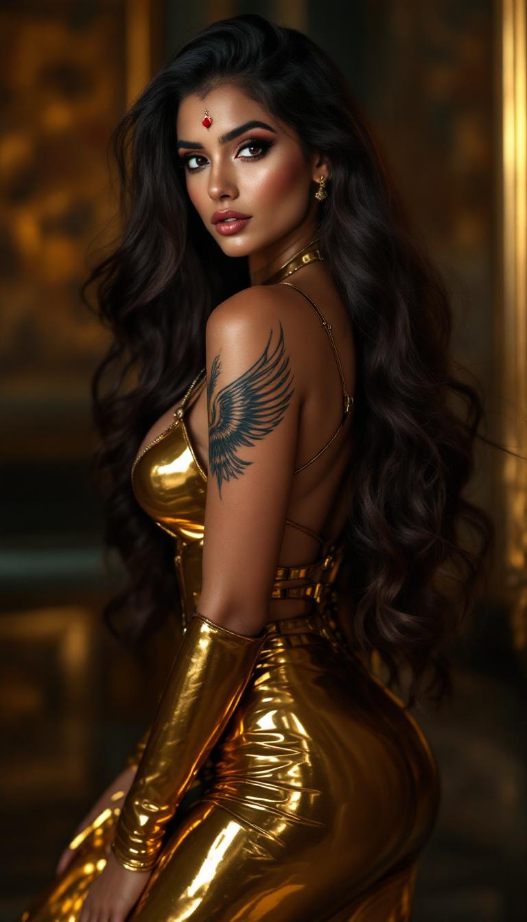 A captivating 21-year-old Bollywood beauty, an Indian woman with rich, dark skin embodying Hindu heritage, exuding a mesmerizing blend of vintage charm and modern edge. A tiny bright ruby on her forehead replaces her bindi. Her long, shiny chestnut hair cascades in soft, voluminous waves over her shoulders, each strand glistening with a silky, radiant sheen under the light. Her curvaceous figure is accentuated by a tight, glossy gold latex floor-length dress, clinging to her form with a polished, mirror-like finish that reflects light, emphasizing every contour and curve, adorned with intricate zippers, straps, and polished buckles for a daring, structured look. She wears striking gold latex knee-high platform boots, their sleek, gleaming surface adding a bold, rebellious flair, shimmering under dramatic lighting. A detailed tattoo of angel wings spans across her back, intricately inked over her shoulder blades with fine linework and subtle shading, adding a layer of mystique to her allure. The scene unfolds in a dimly lit BDSM dungeon with a retro-inspired twist, featuring dark, textured stone walls adorned with vintage metal fixtures, chains, and faint traces of flickering candlelight casting dynamic shadows, creating a sultry, underground ambiance. The composition centers on her confident pose, standing slightly angled to the camera, one hand resting on her hip, the other relaxed by her side, her playful yet alluring smile radiating seductive charm. The camera angle is slightly low, emphasizing her commanding presence and the dramatic lines of her outfit against the shadowy backdrop. Lighting is a masterful blend of soft, warm key light illuminating her flawless face, accentuating her high cheekbones, deep almond eyes, and full, glossy lips, contrasted by subtle, moody rim lighting tracing the edges of her form, highlighting the reflective texture of the latex and the intricate details of her tattoo. The mood is sultry and glamorous, steeped in a timeless, seductive atmosphere with a faint nostalgic warmth reminiscent of classic Hollywood allure, yet infused with the raw, provocative edge of the dungeon setting. Rendered in a high-definition, hyper-realistic style, with meticulous attention to fine details such as the smooth, glossy texture of the latex, the luminous shine of her hair, the delicate shading and depth of her tattoo, and the nuanced play of light and shadow across her figure and the surrounding environment, creating a vivid, lifelike portrayal that balances vintage elegance with modern intensity.
