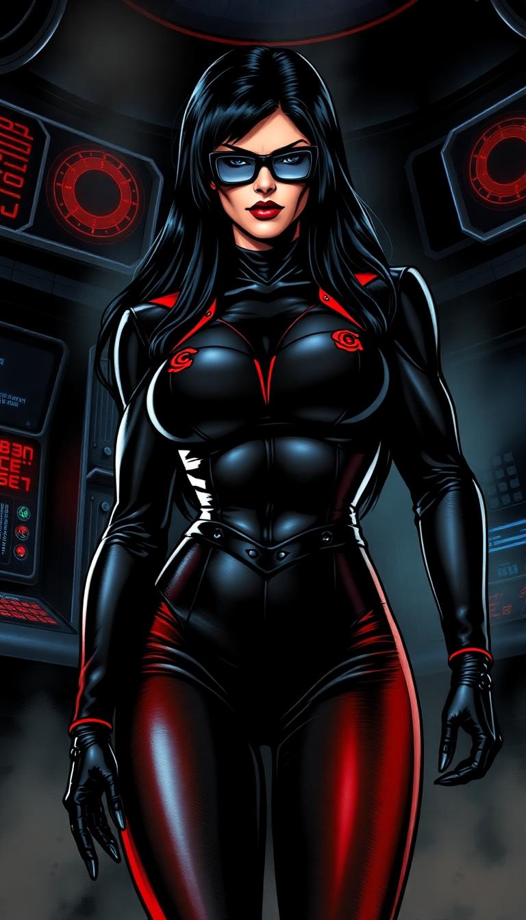 A striking depiction of the Baroness from the G.I. Joe comic book series, portrayed as a fierce and cunning villainess of COBRA. She stands confidently in a dynamic pose, her sleek black leather outfit gleaming with a polished texture, adorned with crimson accents and the iconic COBRA insignia on her chest. Her signature glasses obscure her piercing eyes, adding an air of mystery, while her long, jet-black hair cascades over her shoulders, catching subtle highlights in the dim light. The scene is set in a shadowy, high-tech COBRA command center, with glowing red and blue control panels and metallic walls reflecting faint glints of light. The composition focuses on the Baroness in the foreground, slightly off-center, with a low camera angle looking up to emphasize her commanding presence and authority. The mood is tense and sinister, with a dark, smoky atmosphere and ominous ambient lighting casting dramatic shadows across her face and figure. Rendered in the bold, detailed style of 1980s comic book art, with sharp linework, vibrant contrasts, and a gritty, cinematic feel, capturing the essence of classic G.I. Joe illustrations. Ultra-detailed, 4K resolution, with a focus on realistic textures and dramatic chiaroscuro lighting.