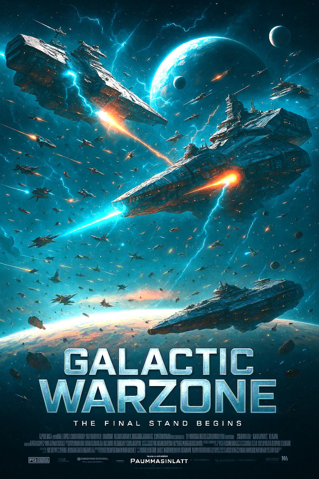 (Epic galactic battle scene, massive starships exchanging plasma fire, smaller starfighters dogfighting across the sky, energy shields flickering, glowing laser beams crisscrossing the scene, massive planet surface partially visible below, distant moons in sky, towering capital ships breaking atmosphere), (hyper-realistic digital painting, 3D cinematic render quality), inspired by (Space opera epics, intergalactic warfare, cinematic sci-fi blockbuster poster aesthetics), (extremely detailed metal hull textures, illuminated paneling, scorch marks from impacts, vapor trails from fighters, glowing shield distortions, lightning arcing across battle zone, lens flare on energy beams), (intense high-stakes action, ultimate battle for survival, massive scale warfare, tension, epic stakes), (dual lighting: strong blue ambient cosmic glow, vibrant plasma explosions in orange and teal, illuminated thruster trails, volumetric star fog, nebula clouds in distance, cinematic lens flares, subtle light bloom), (wide-angle perspective, deep layered depth, slight dutch angle for cinematic tension, foreground ships extremely sharp, distant ships fading into atmospheric haze), (color palette: deep space black, electric blue, plasma orange, neon teal, white-hot energy cores, crimson flare bursts), (massive gas giant planet rising in background, asteroid fields, orbiting space stations with glowing antennae, swirling nebula energy clouds), (title: "GALACTIC WARZONE" in metallic chrome embossed font, glowing inner light core, subtitle: "The Final Stand Begins" in minimalist small caps, full movie credits aligned bottom center), (ultra-high resolution, crisp sharp edges, hyper-detailed depth layering, film-quality chromatic aberration edges, fine cinematic film grain overlay), (floating debris, molten fragments, lens reflections, micro-glitching on digital targeting HUD overlays, faint electric arcs connecting plasma bursts), --v 7 --ar 2:3 --s 1000 --iw 1.5 --chaos 20 --exp 70 --style raw --seed 36912