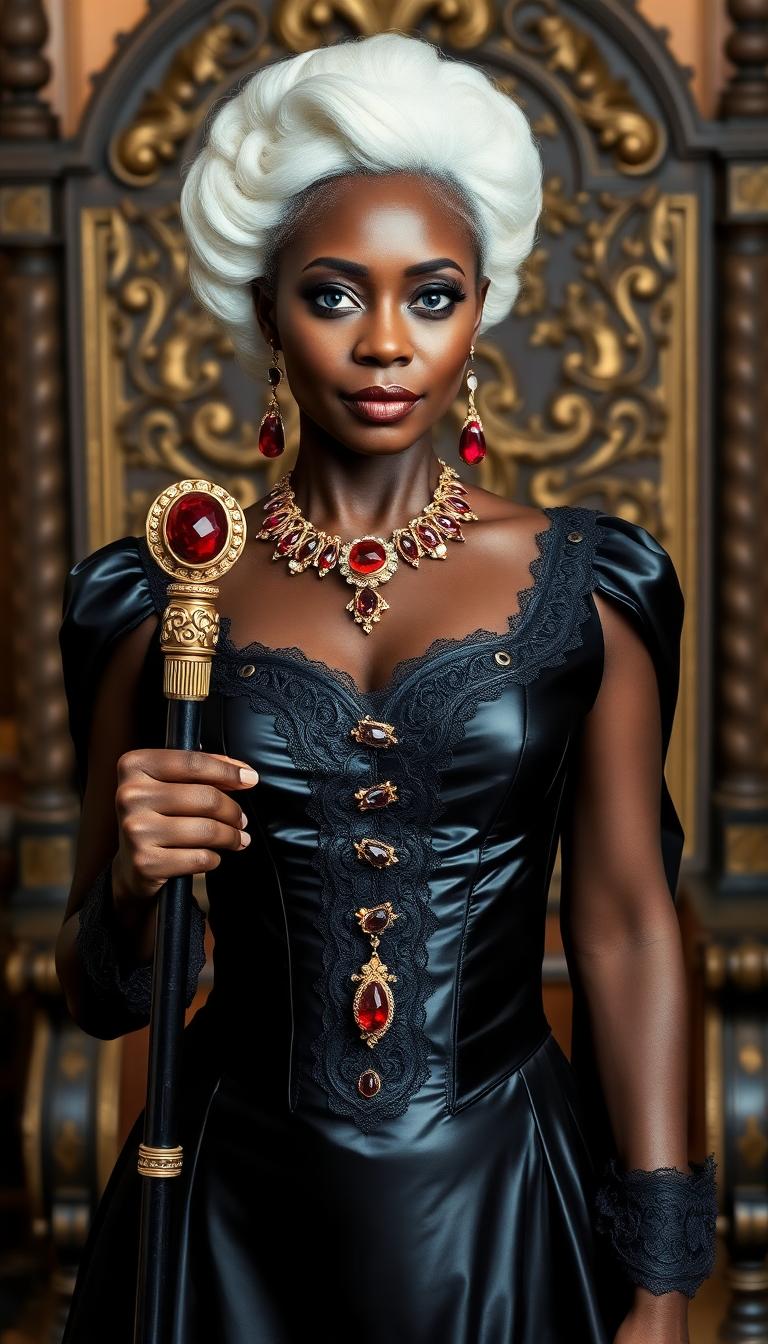 Dark skinned African American woman, mid 40s. Elegant white hair in a victorian style bun with ringlets framing her mature, beautiful face.  Blazing blue eyes. Dressed in a long victorian style shiny black latex dress and corset. Full of petticoats and lace trimmings. Around her neck she wears elegant exotic ruby and gold jewelry and ruby and gold drop earrings. Standing in a throne room, really. As if she is the queen herself. In one hand she leans on an elegant cane with a large ruby on top