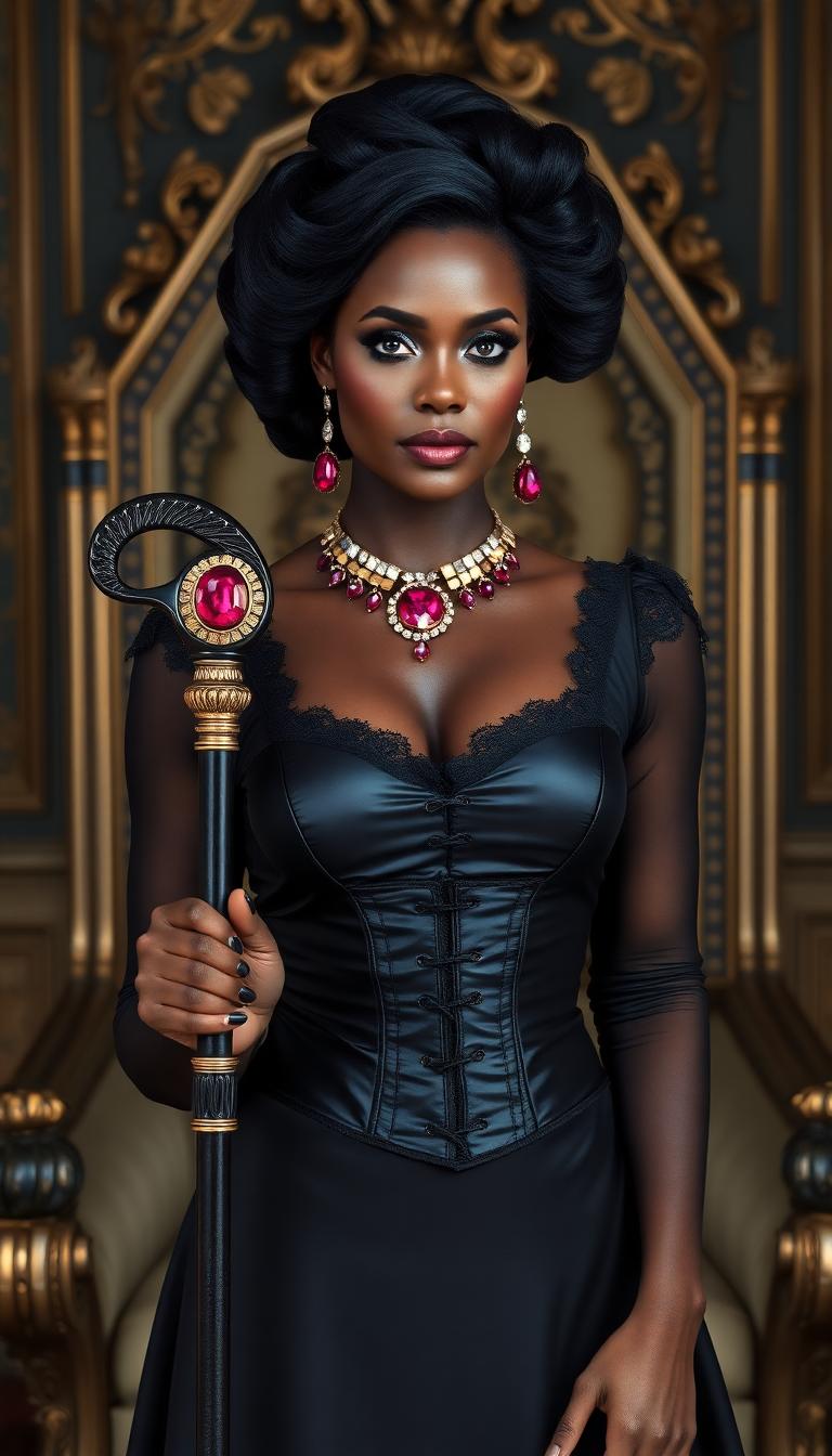 Dark skinned African American woman, mid 40s. Elegant shiny black hair in a victorian style bun with ringlets framing her mature, beautiful face.  Blazing blue eyes. Dressed in a long victorian style shiny black latex dress and corset. Full of petticoats and lace trimmings. Around her neck she wears elegant exotic ruby and gold jewelry and ruby and gold drop earrings. Standing in a throne room, really. As if she is the queen herself. In one hand she leans on an elegant cane with a large ruby on top