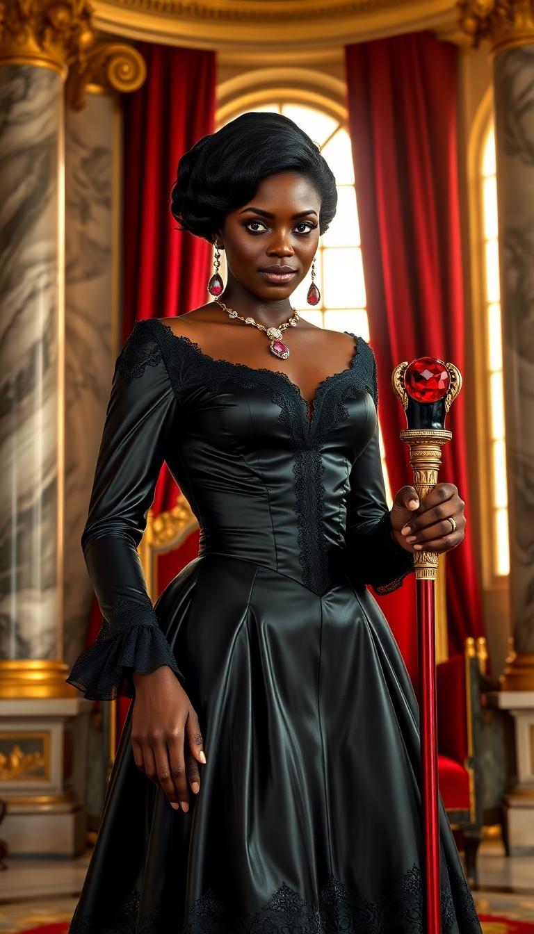 A regal dark-skinned African American woman in her mid-40s, exuding elegance and authority, stands as the centerpiece of a grand throne room. Her mature, beautiful face is framed by shiny black hair styled in a Victorian bun, with delicate ringlets cascading softly around her features, highlighting her striking, blazing blue eyes. She is adorned in a long, shiny black latex Victorian-style dress, complete with a tightly cinched corset, voluminous petticoats, and intricate lace trimmings that shimmer with every movement. Around her neck, an exotic ruby and gold necklace rests, complemented by matching ruby and gold drop earrings that catch the light. In one hand, she leans confidently on an elegant cane topped with a large, glistening ruby, a symbol of her power.

The throne room is opulent, with towering marble columns, gilded accents, and deep crimson velvet drapes framing tall arched windows. Soft, golden light streams in, casting a warm glow over the polished stone floor and illuminating intricate tapestries on the walls depicting royal lineage. She stands near an ornate golden throne adorned with velvet cushions, positioned centrally in the composition, her posture commanding and poised, as if she is the queen herself. The camera angle is slightly low, looking up to emphasize her dominance and stature, with a balanced framing that captures both her elegance and the grandeur of the surroundings.

The mood is one of power and sophistication, with an atmosphere of timeless royalty. The scene is set during the late afternoon, with the warm, diffused light creating subtle highlights on the latex dress and jewelry, enhancing their glossy textures. Rendered in the style of a Victorian-era oil painting, with rich, deep colors, meticulous attention to detail in the fabric folds and jewelry facets, and a soft chiaroscuro lighting technique to add depth and drama to the portrait.