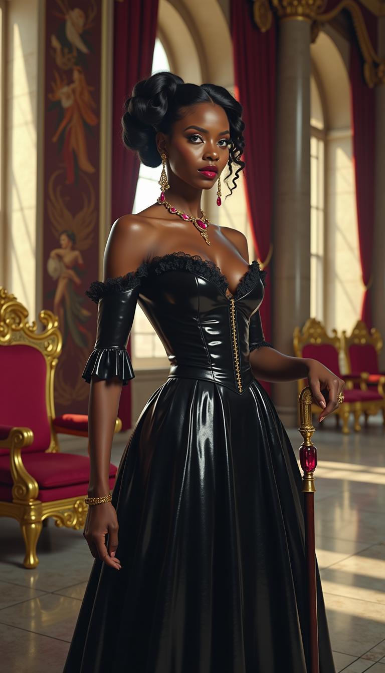 A regal dark-skinned African American woman in her mid-40s, exuding elegance and unyielding authority, stands as the commanding centerpiece of a grand throne room. Her mature, striking face features high cheekbones and a serene yet powerful expression, framed by glossy black hair styled in an elaborate Victorian bun with delicate ringlets cascading softly around her features, accentuating her piercing, blazing blue eyes. Her lips are painted a bold blood red, complemented by dark, dramatic makeup that enhances her commanding gaze. She is adorned in a long, shiny black latex Victorian-style gown, meticulously detailed with a tightly cinched corset, voluminous petticoats, and intricate lace trimmings that shimmer with every subtle movement. A luxurious ruby and gold necklace graces her neck, paired with matching ruby and gold drop earrings that glint in the light, while in her right hand, she confidently leans on an elegant cane topped with a large, glistening ruby—a potent symbol of her dominion and strength.

The throne room is a vision of opulence, with towering marble columns adorned with gilded accents, deep crimson velvet drapes framing tall arched windows, and a polished stone floor reflecting the soft, golden light of late afternoon. Intricate tapestries depicting royal lineage line the walls, their rich hues and fine details illuminated by the warm glow. At the heart of the composition stands an ornate golden throne with plush velvet cushions, while the woman is positioned slightly in front of it, her posture poised and commanding. The camera angle is slightly low, gazing upward to emphasize her towering presence and dominance, with balanced framing that captures both her refined elegance and the majestic grandeur of the surroundings.

The mood evokes power, sophistication, and timeless royalty, steeped in historical gravitas. The late afternoon light, diffused and warm, casts gentle highlights on the glossy texture of the latex dress and the sparkling facets of her jewelry, creating a mesmerizing interplay of shine and shadow. Rendered in the style of a Victorian-era oil painting, the scene comes to life with a rich, deep color palette of crimson, gold, and ebony, showcasing meticulous attention to detail in the intricate folds of fabric, the reflective sheen of latex, and the polished surfaces of marble and gold. Soft chiaroscuro lighting enhances the depth and drama, casting subtle shadows that sculpt her form and the surrounding architecture, crafting a captivating portrait of regal authority.