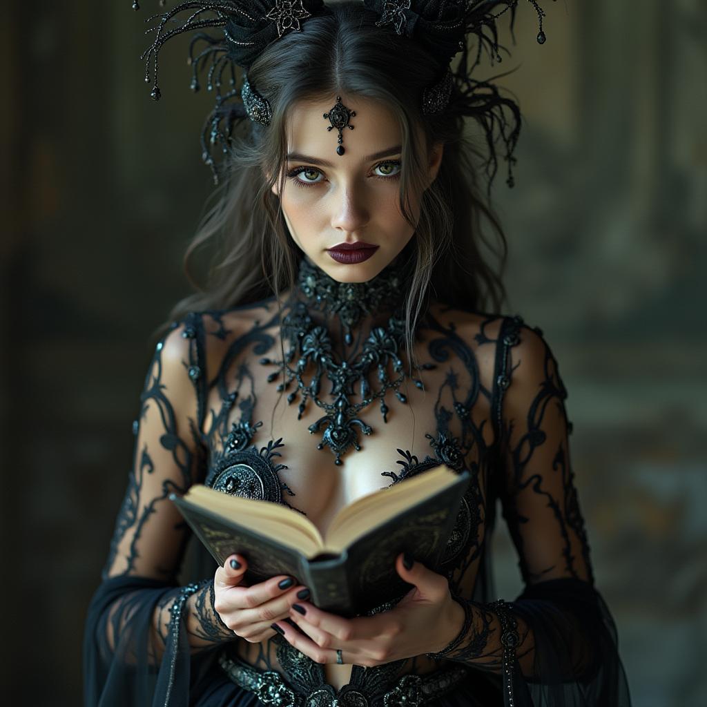 A striking 18-year-old girl with an evil smile holds a book in her hands, dressed in an intricate gothic-style transparent dress adorned with complex decorations and very long transparent sleeves. Her outfit, an outrageous witch-inspired nude design, showcases wide hips, a slim waist, a big bust with cleavage, and ornate jewelry, all captured in a dark, moody setting with soft, dramatic lighting and high-detail textures, reminiscent of a cinematic 8K portrait.