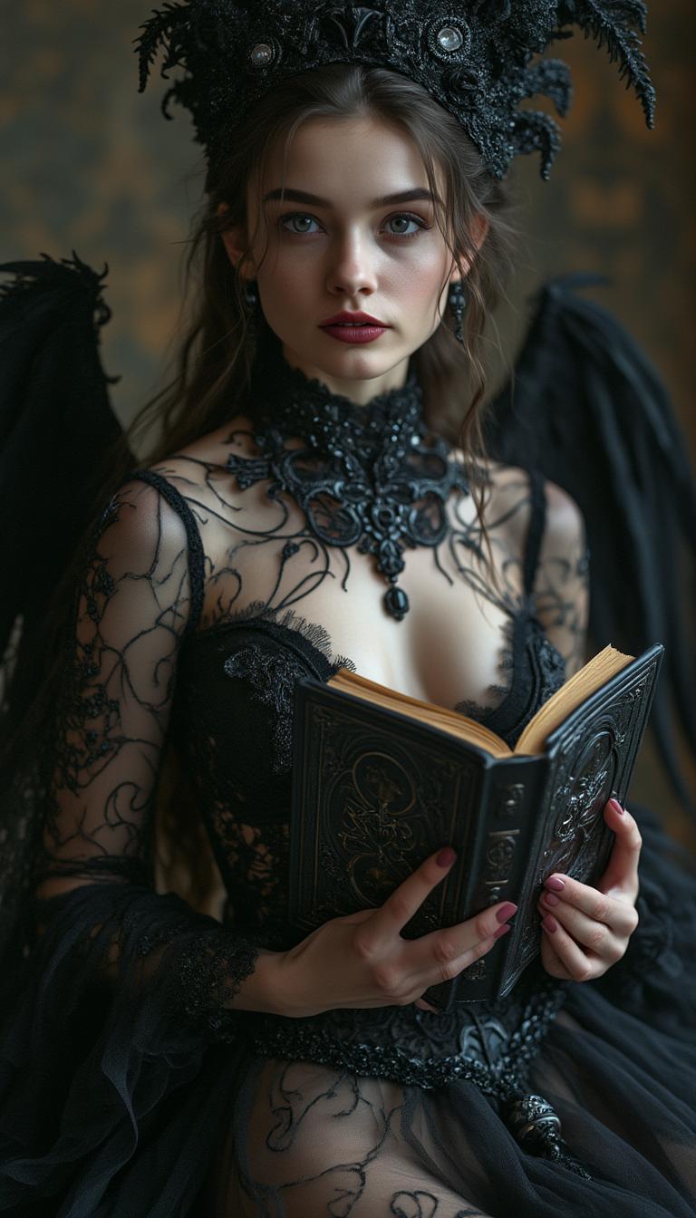 A striking 18-year-old girl with an evil smile holds a book in her hands, dressed in an intricate gothic-style transparent dress adorned with complex decorations and very long transparent sleeves. Her outfit, an outrageous witch-inspired nude design, showcases wide hips, a slim waist, a big bust with cleavage, and ornate jewelry, all captured in a dark, moody setting with soft, dramatic lighting and high-detail textures, reminiscent of a cinematic 8K portrait.