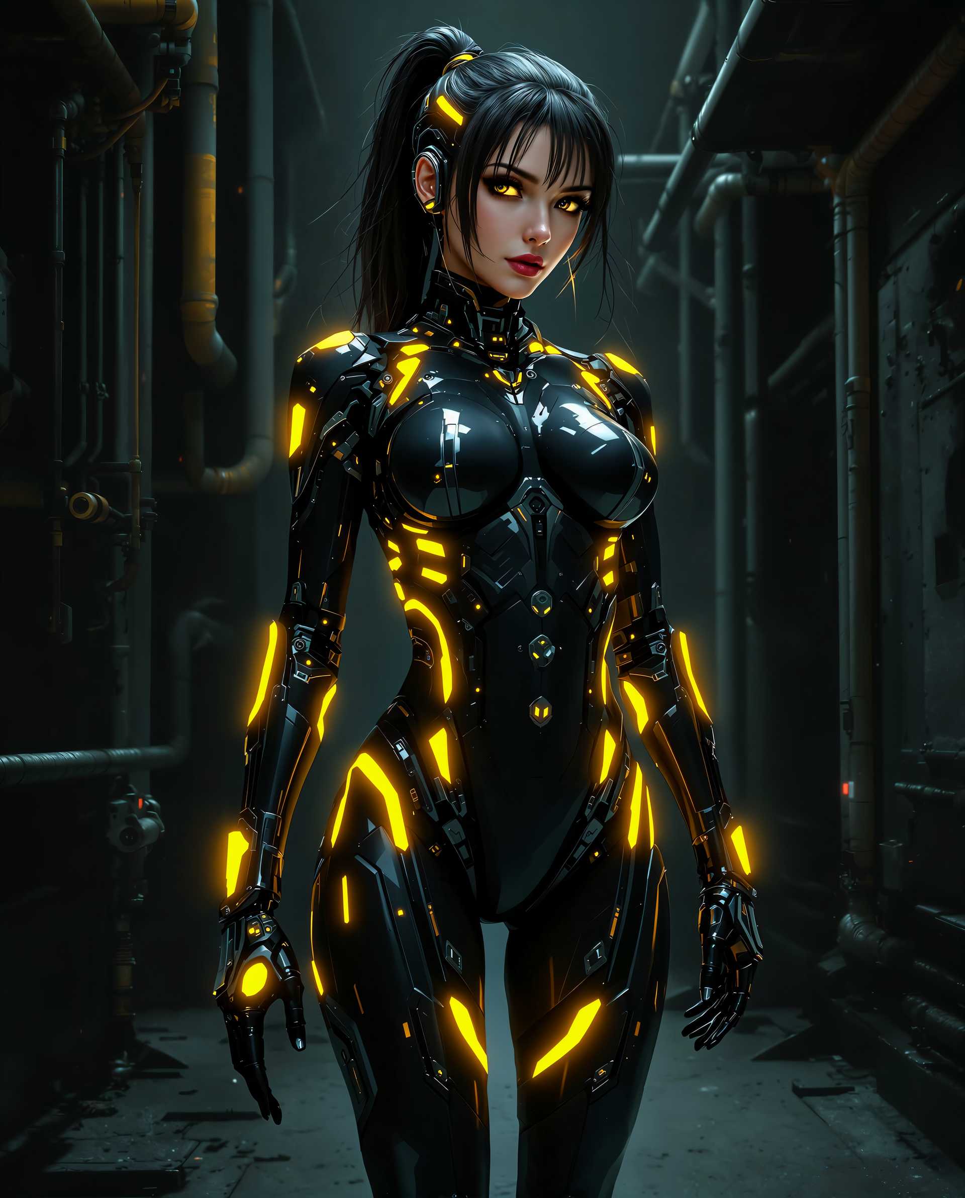 masterpiece, best quality, highres, sharp image, more detail <lora:more_details:0.5> <lora:SDXLrender_v2.0:1>, This image is a realistic photo (photograph) of a female real person digital artwork that features a female figure in a cyberpunk style. The art style is characterized by its blend of futuristic technology and urban decay, with a focus on sleek, metallic designs and neon accents that give the piece a gritty, edgy feel.The medium appears to be a digital painting, given the smooth gradients and seamless blending of colors. The lighting in the image is dramatic, with deep shadows and highlights that give the figure and her surroundings a three dimensional quality.The colors in the image are primarily dark and muted, with pops of vibrant yellow and orange that stand out against the black and gray tones. The figures skin is a realistic, fleshtoned color, which contrasts with the mechanical elements of her outfit.The objects in the image are primarily mechanical and technological in nature. The figure is wearing a bodysuit that is a fusion of human flesh and advanced robotics, with glowing yellow lights that outline the contours of her body and the edges of her suit. The suit has a sleek, streamlined design, with sharp angles and a futuristic aesthetic.The background of the image is a dark, industrial space filled with pipes, conduits, and machinery. The metallic grays and blacks of the environment complement the figures outfit, creating a cohesive and immersive cyberpunk atmosphere.Overall, the image is a powerful representation of the cyberpunk genre, blending elements of technology, humanity, and urban decay to create a visually striking and thoughtprovoking piece of art.